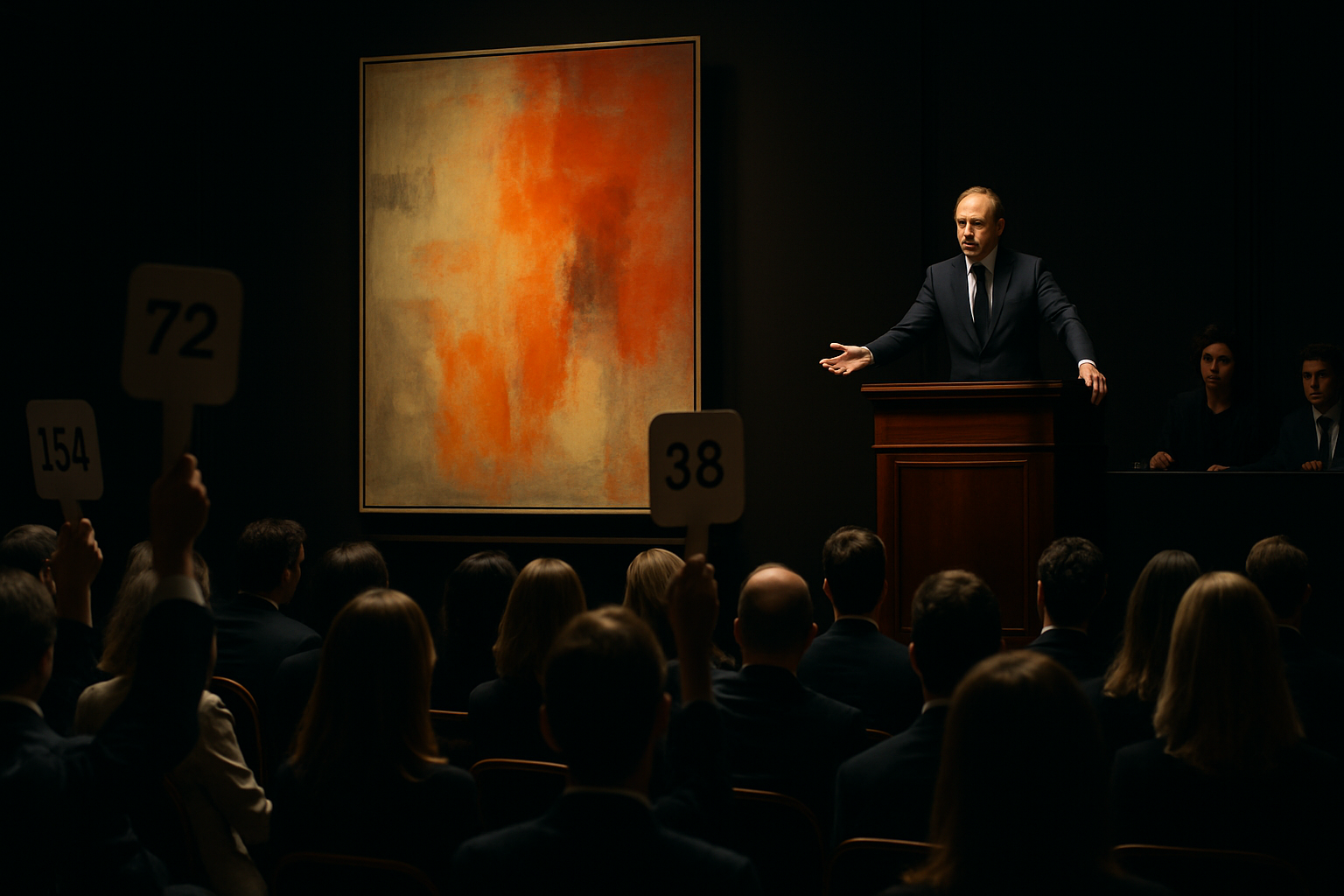 A wide-angle editorial photograph of a dramatic contemporary art auction in progress inside a grand saleroom, paddle bid
