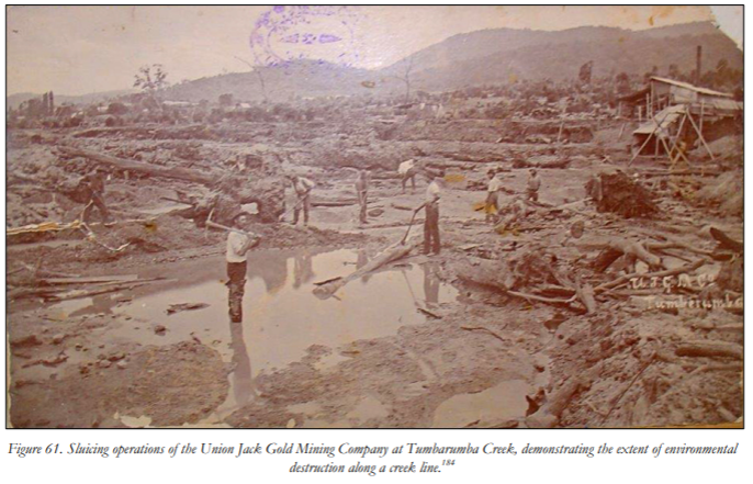 Sluicing operations of the Union Jack Gold Mining Company at Tumbarumba Creek