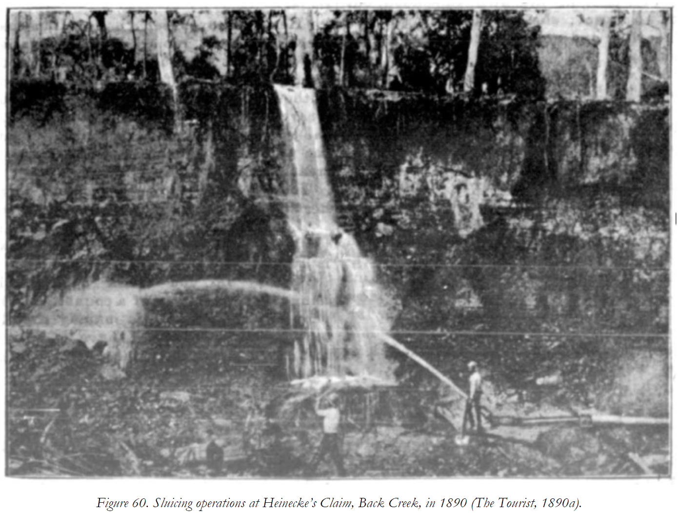 Sluicing operations at Heinecke’s Claim, Back Creek, in 1890