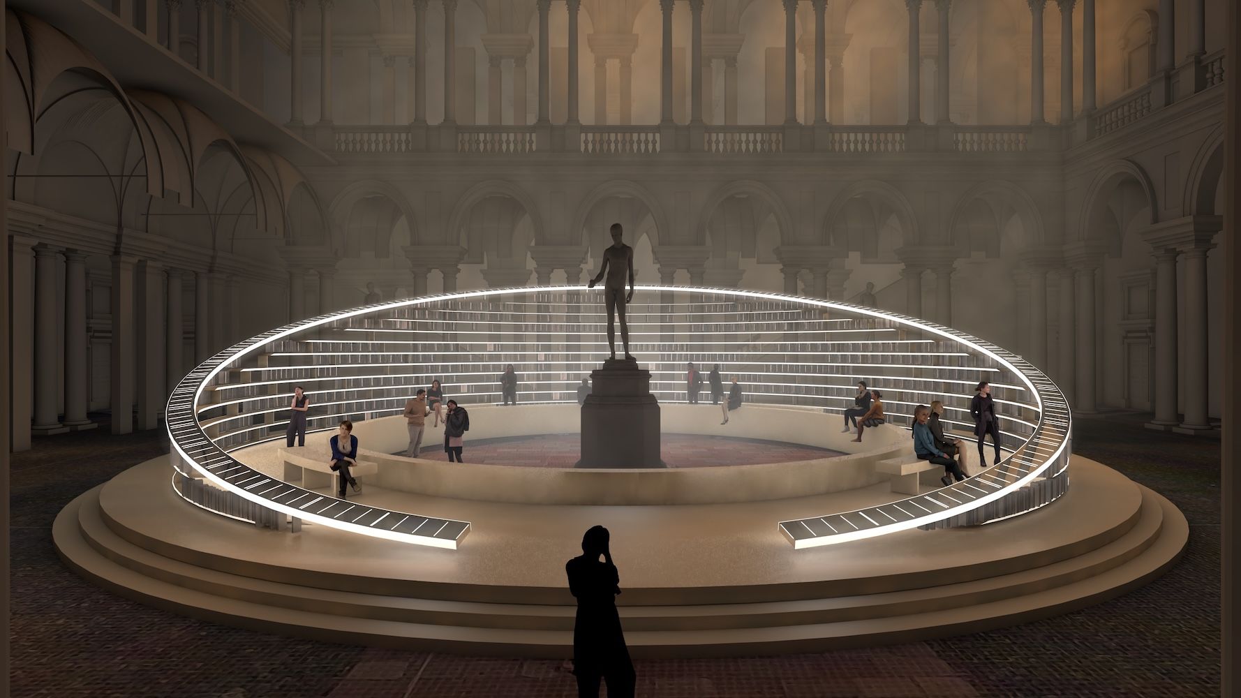 Render of circular light installation with people surrounding the area