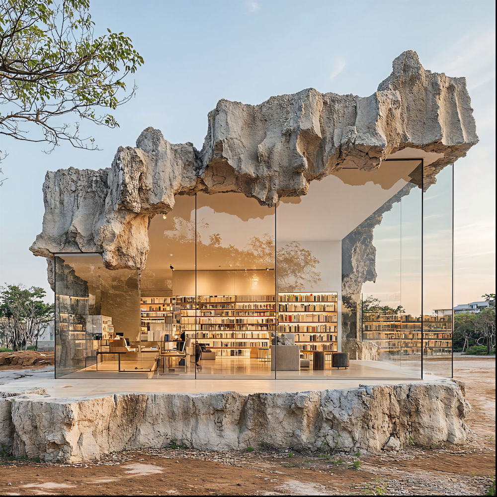 Glass-walled design studio integrated into a natural rock formation