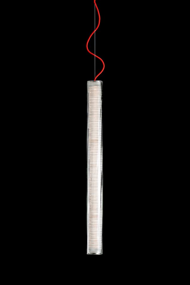 Light hanging from red cable by Artemide