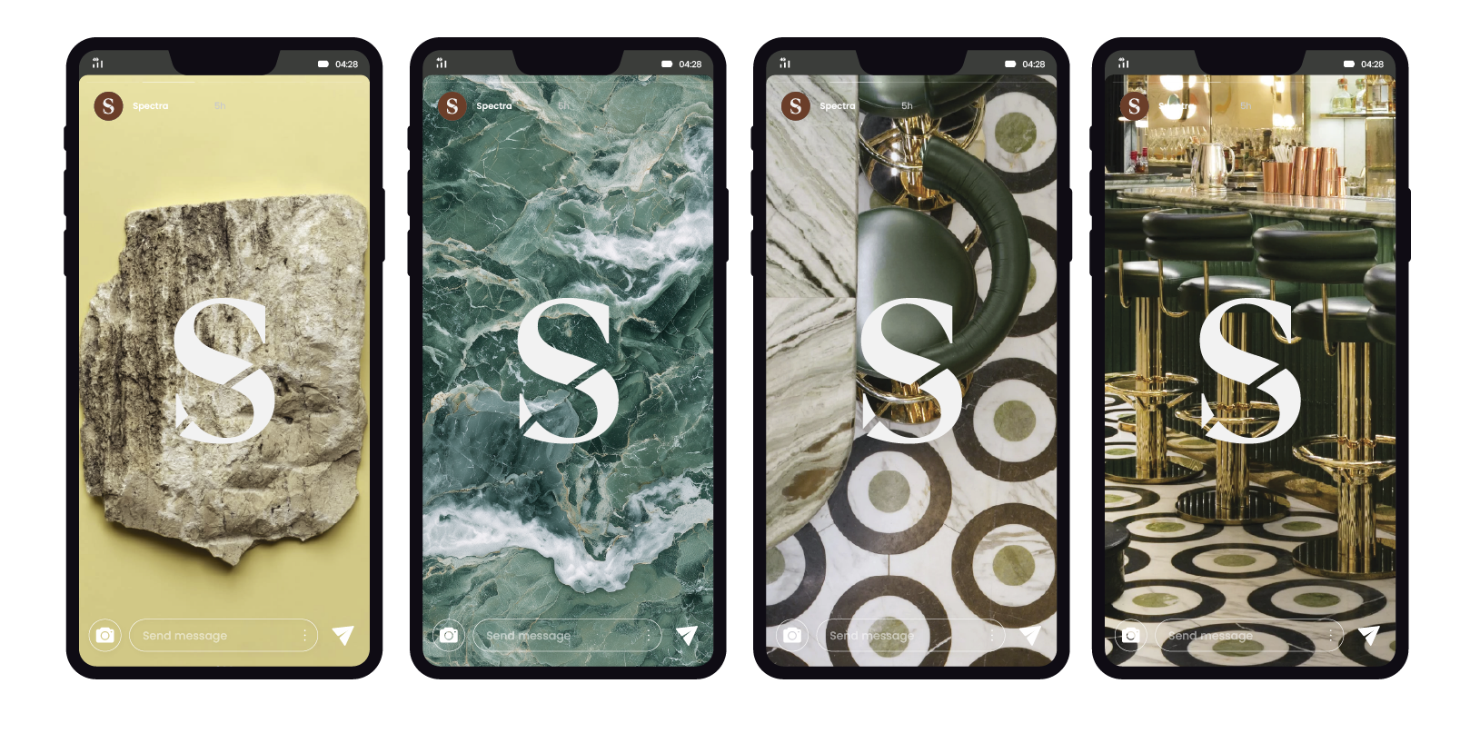 Four phone screens depicting images on full screen, each with S in the middle of the screen