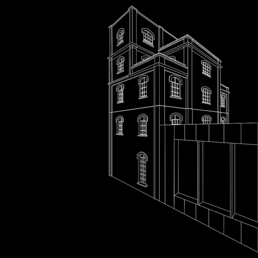 A white line drawing on a black backdrop of Prada Foundation in Milan