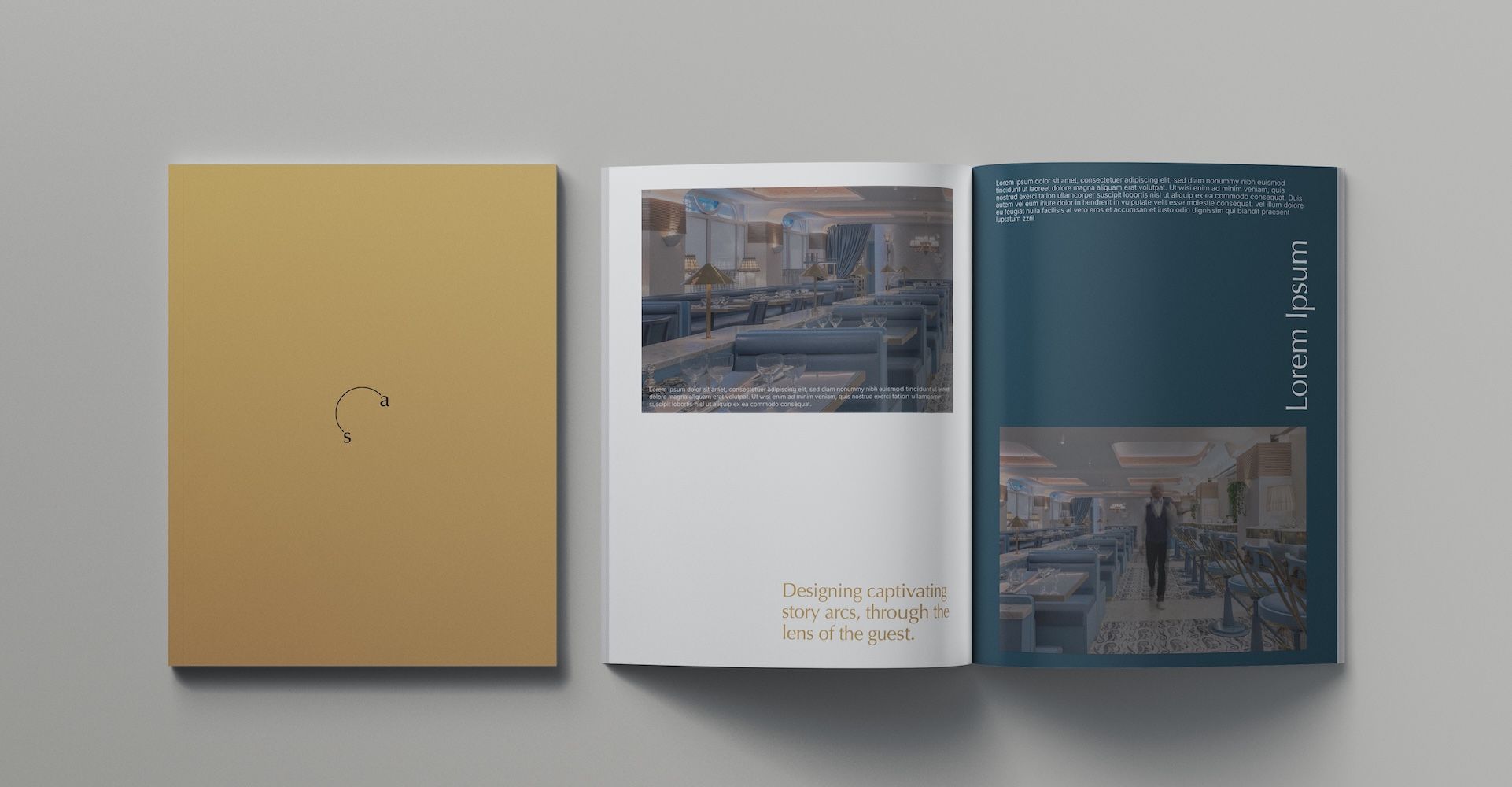 Three pages in mustard, blue and white with words 