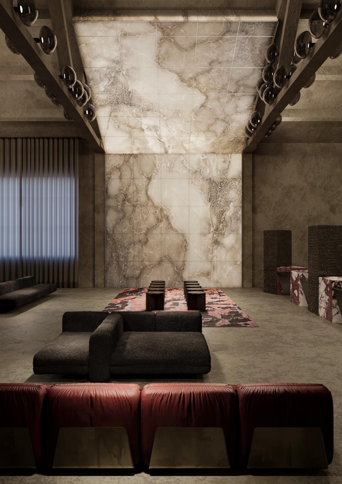 Seating area with sofas and tables in a contemporary marble interior