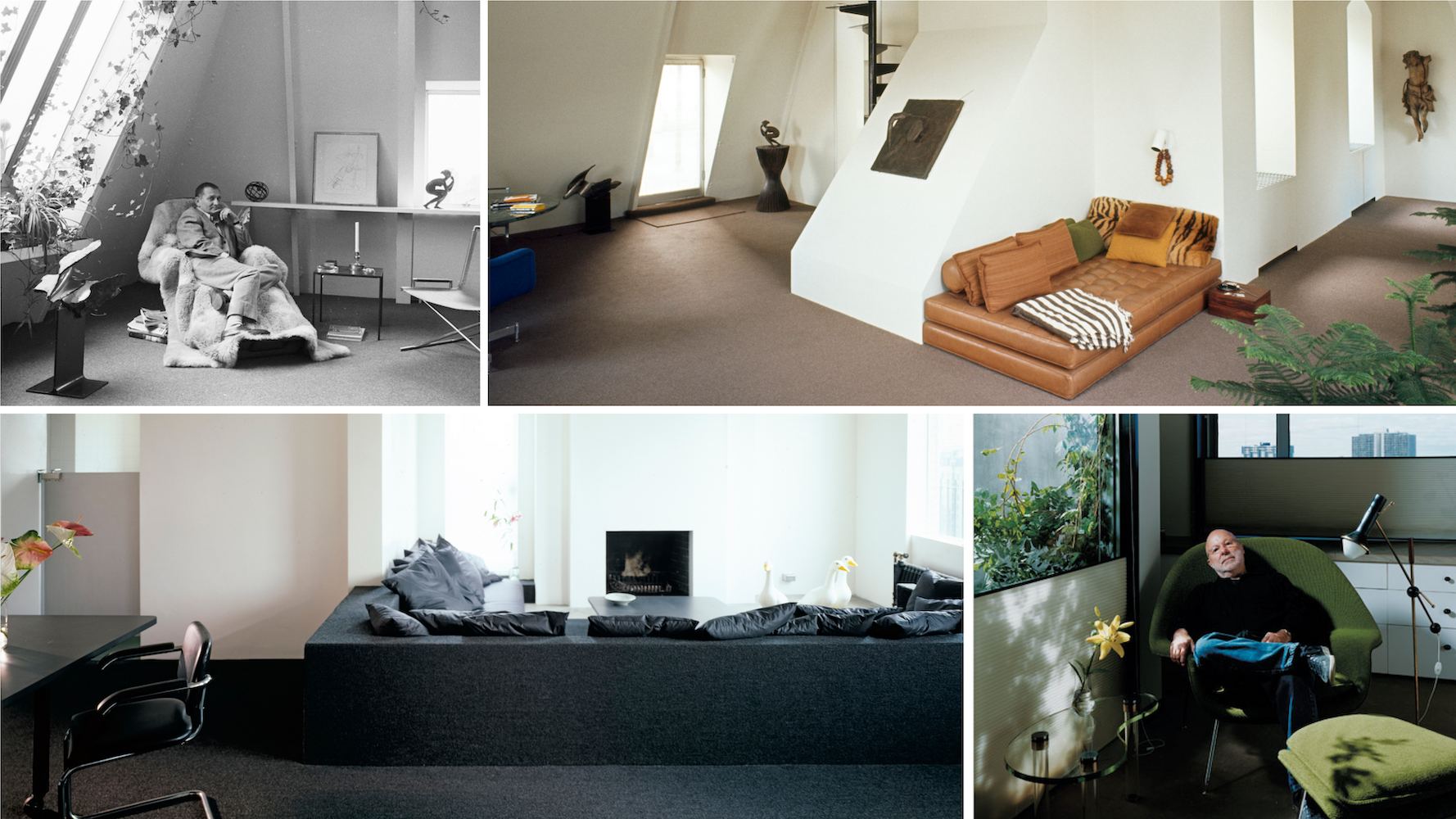 Four images of different interiors, from left black and white image of man in a chair to bottom right coloured version of man in a chair