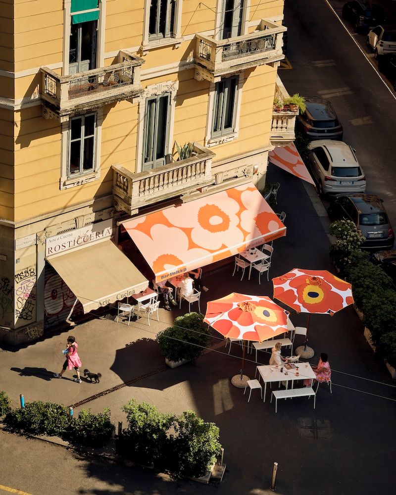 Outdoor tables at Marimekko at Milan Design Week showcasing Bar Unikko