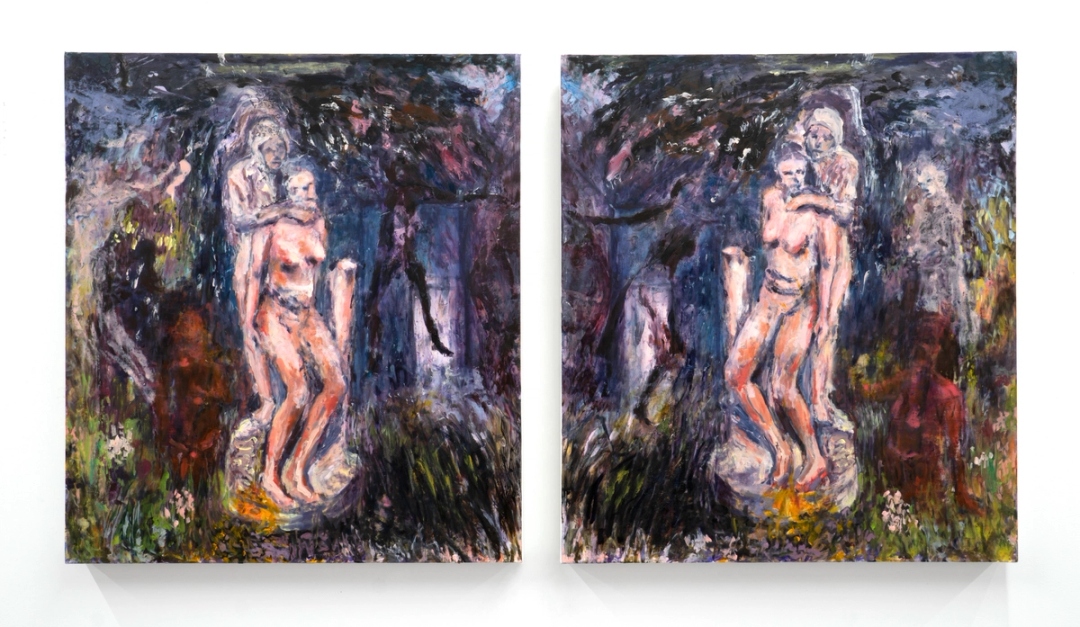 A diptych featuring two figures, with one slouched against the other. They are centered on a canvas painted with multiple colors and textures.