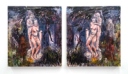 A diptych featuring two figures, with one slouched against the other. They are centered on a canvas painted with multiple colors and textures.