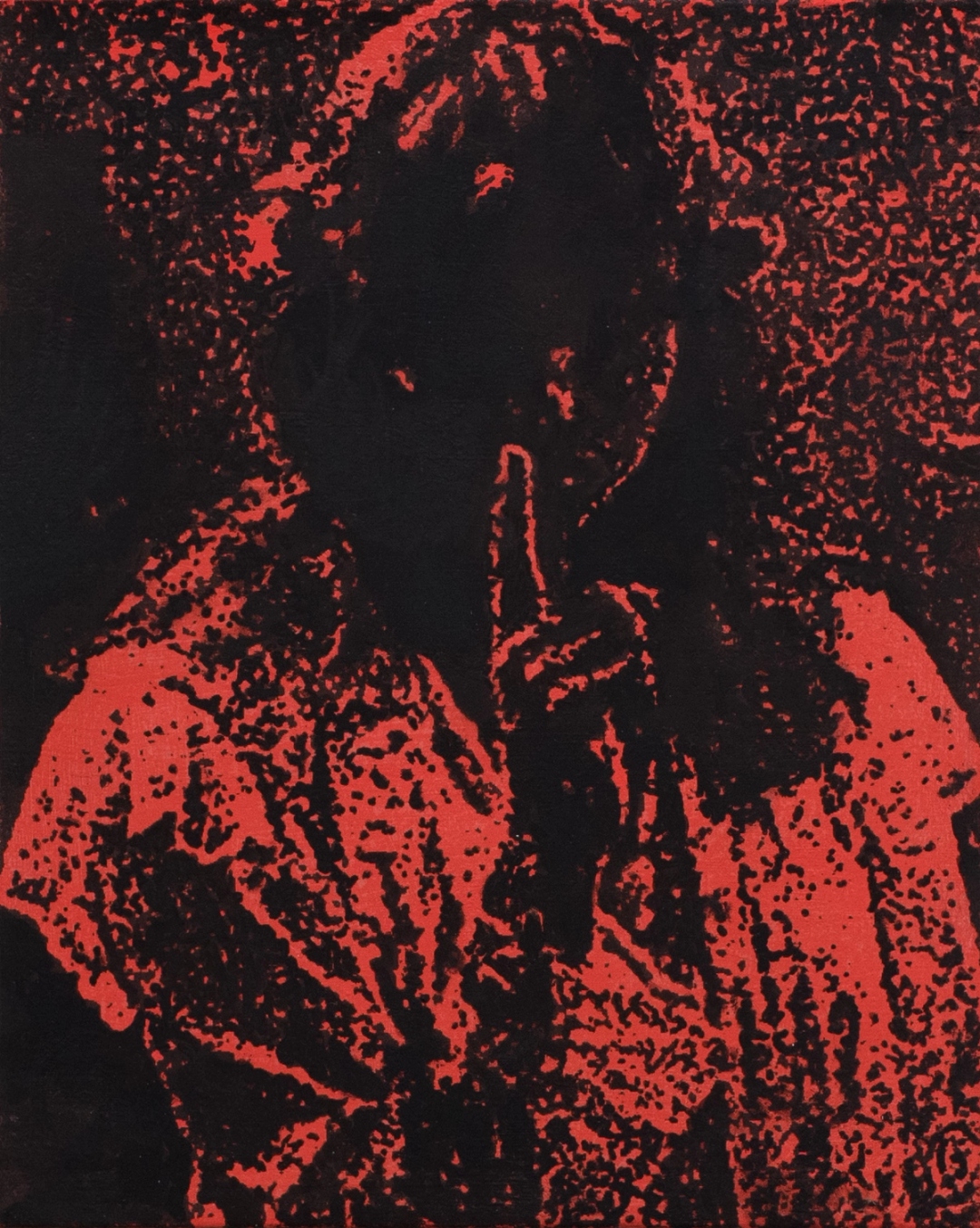 Black and red figure of woman with finger in front of face.