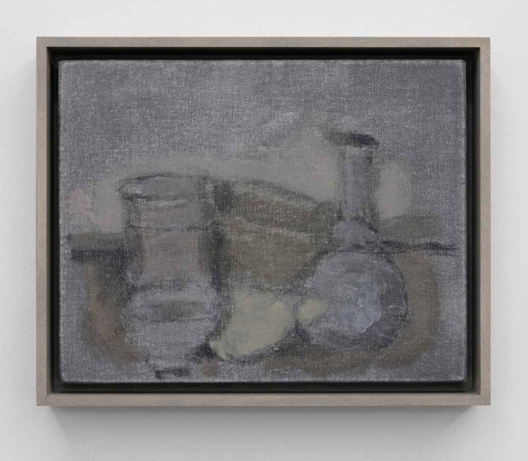 A grey-blue-brown still life of vases and cups in a style reminiscent of Giorgio Morandi.