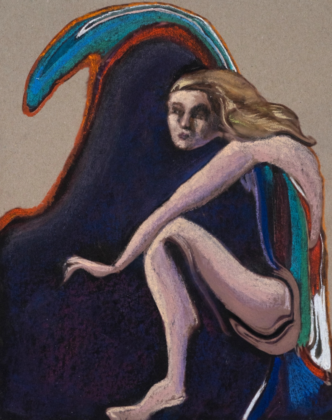 A painting of a nude blonde figure in a crouched position holding a big wave that is predominantly navy blue with teal, orange, and red outlines.