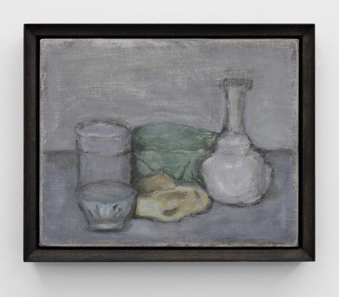 A grey-green-yellow still life of vases and cups in a style reminiscent of Giorgio Morandi.