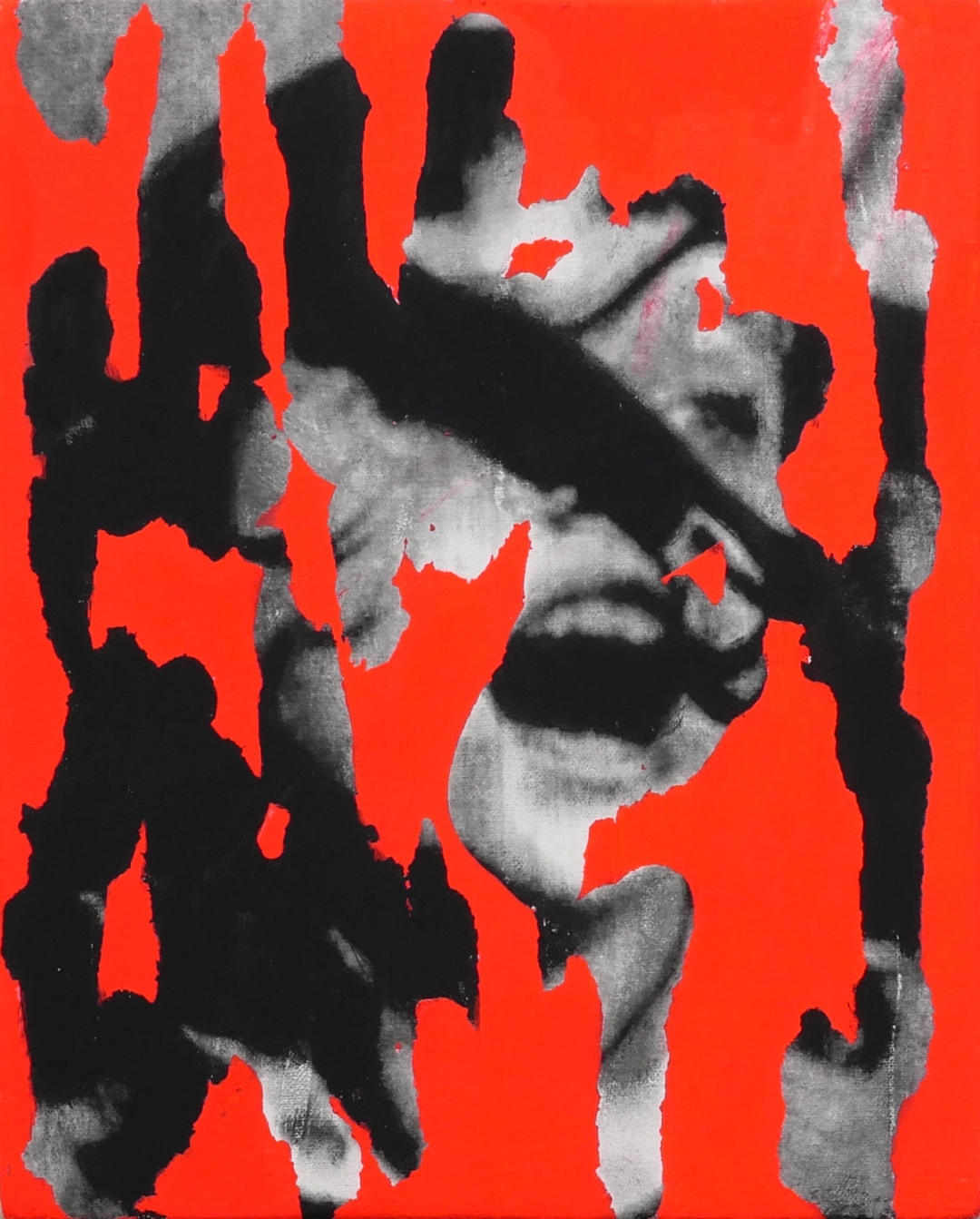 A figure with an open mouth with red paint applied to to parts of the canvas.
