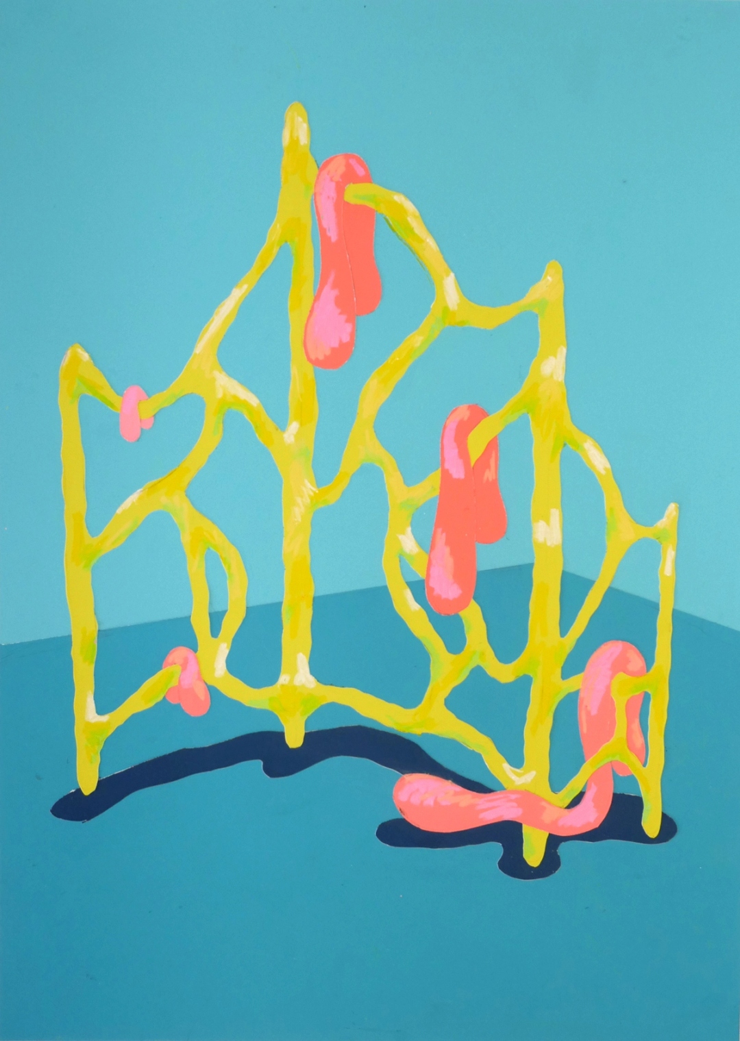 A vibrant painting featuring a yellow structure with long pink tubes draped over the structure.