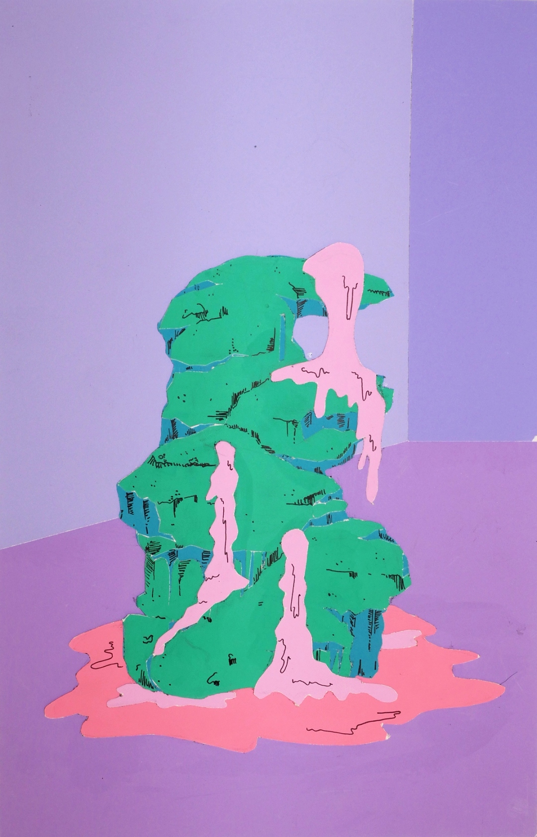 A vibrant painting featuring a green rock with splashes of pink on the rock as well as a puddle of pink under the green rock.