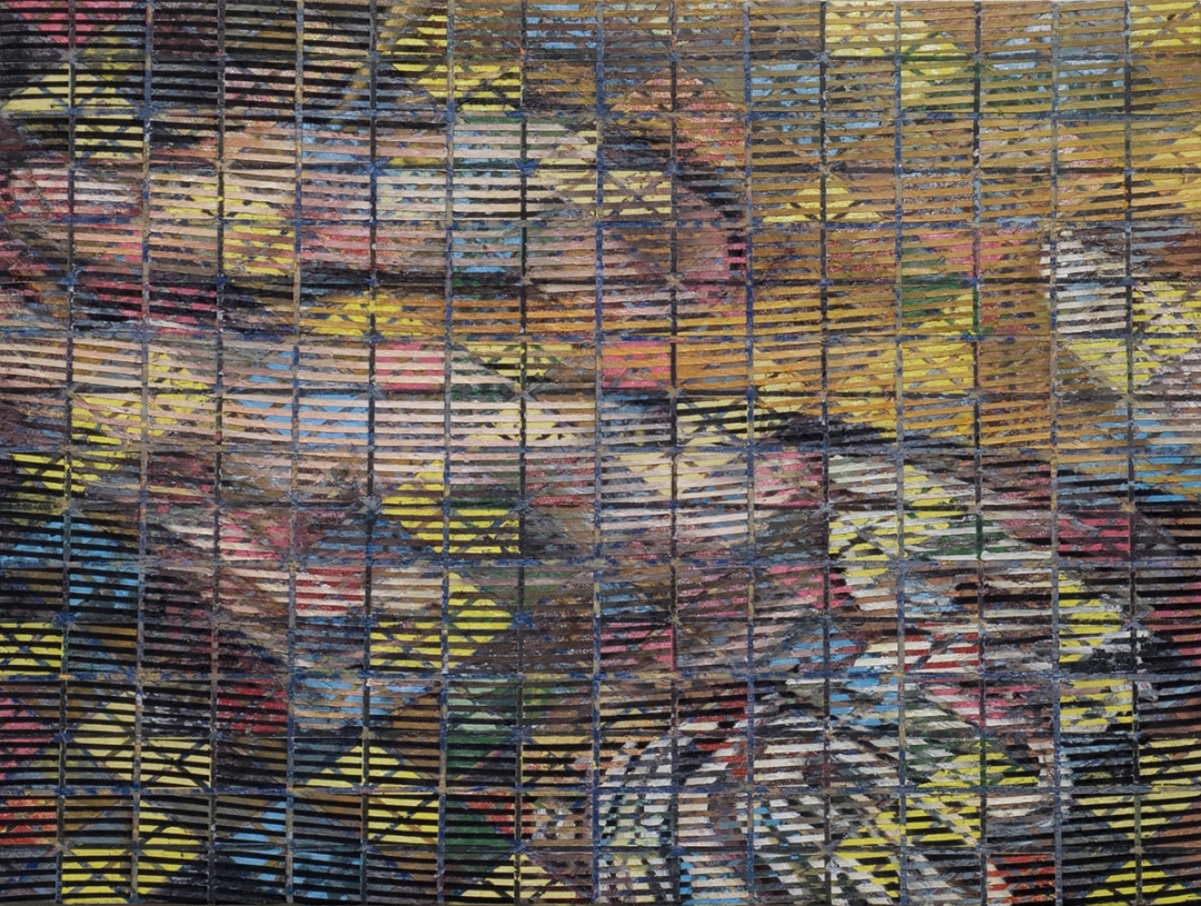A highly textured painted surface layered with geometric shapes and grids of a hand holding a palette from El Greco’s "Portrait of the Artist's Son Jorge Manuel Theotokopoulos (c.1600)" .