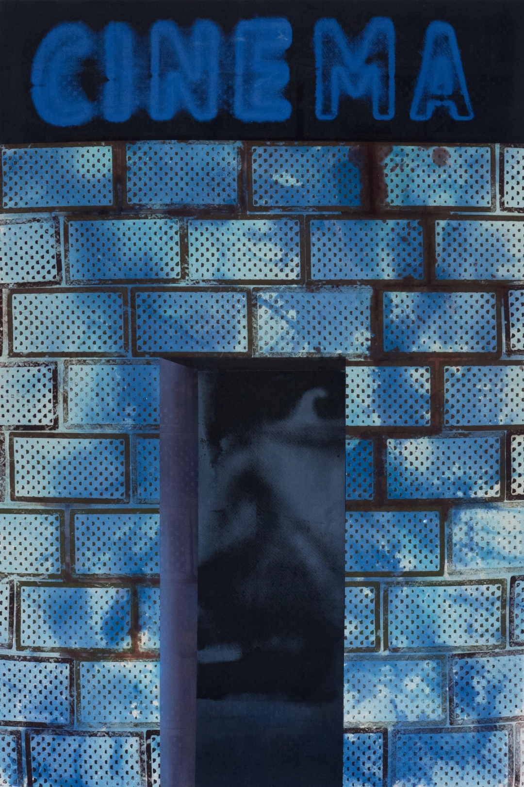 A blue painting featuring the word 'CINEMA' in bold letters. Below the text, there's a black entrance framed by a brick wall.