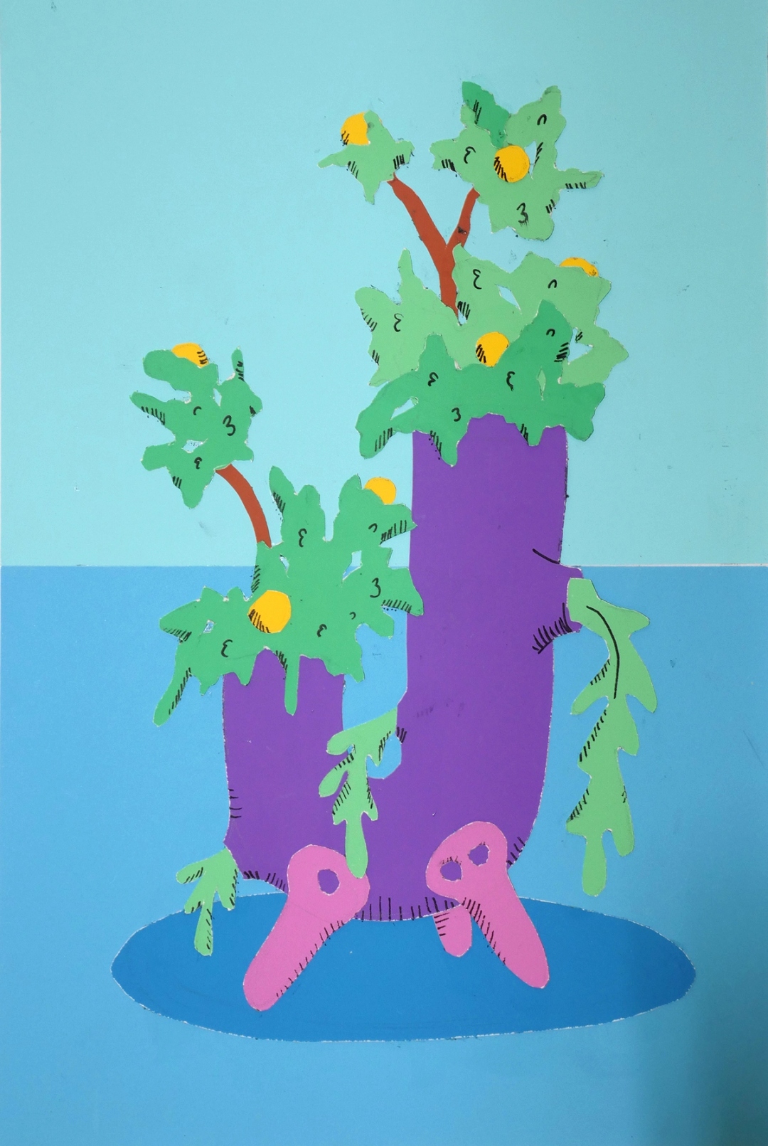 A vibrant green plant housed in a tubular "U" shaped purple pot.
