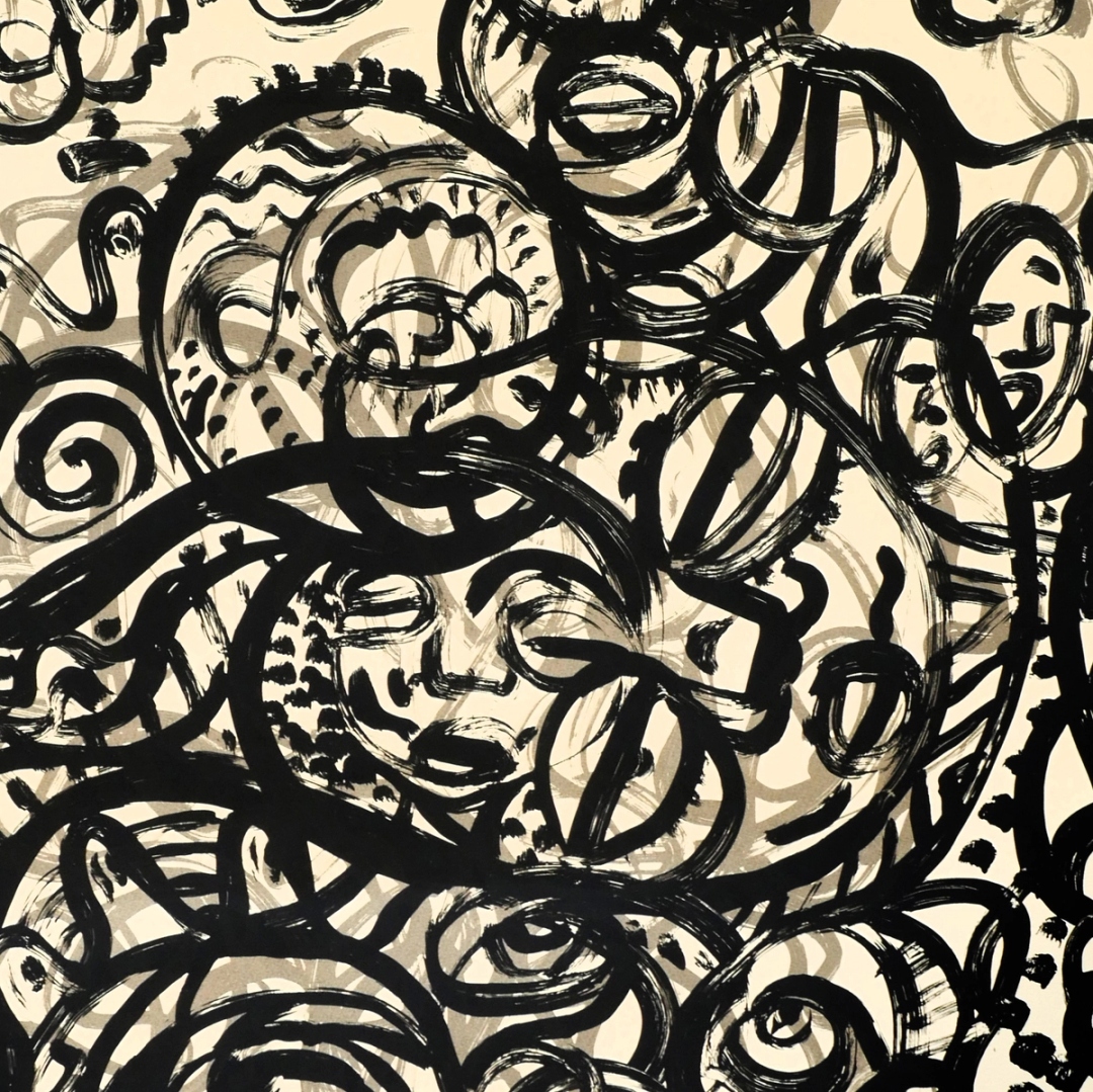 An abstract painting of hidden faces depicted with continuous black lines.
