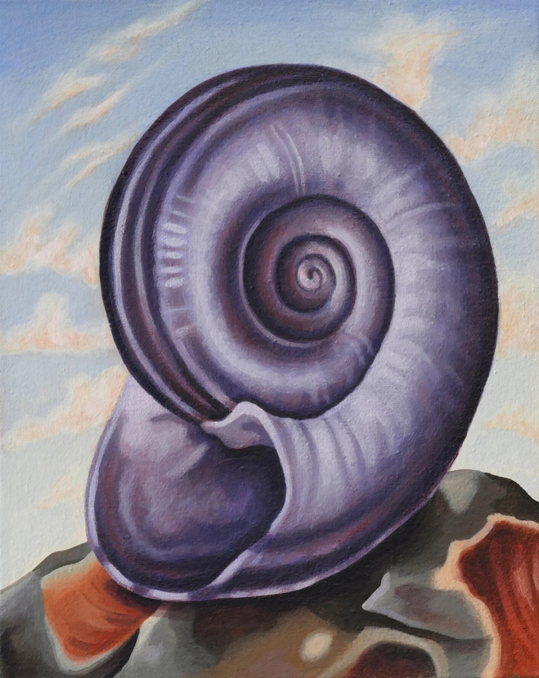 Painting of a purple spiral seashell resting on a rock with a sky in the background.