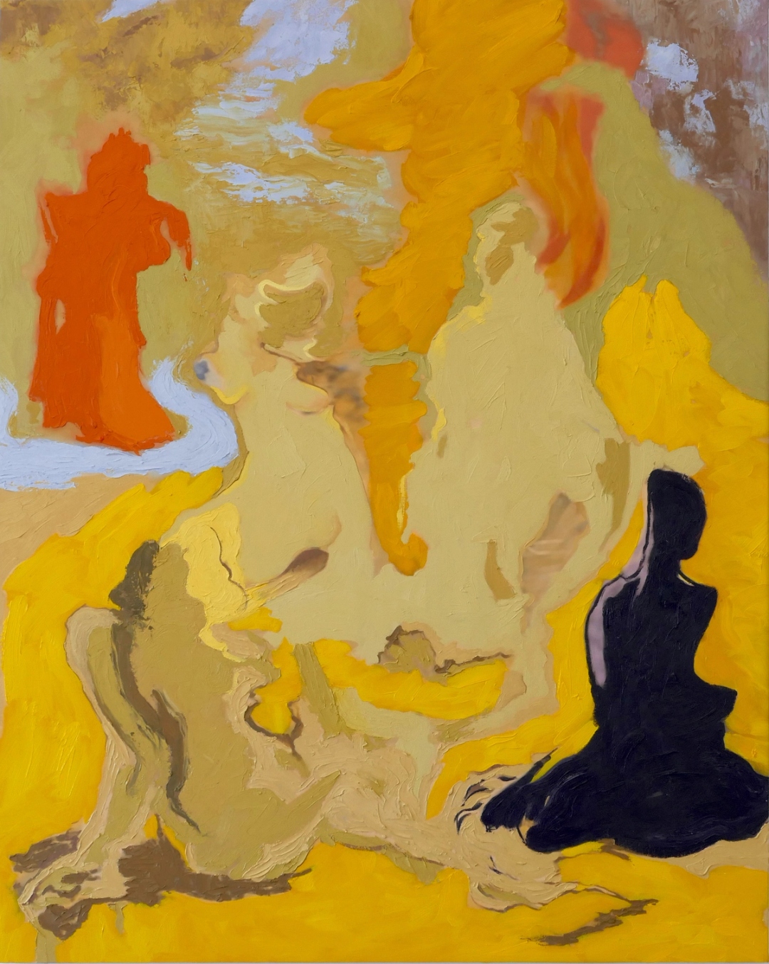 Abstract painting with four human-like figures in various poses and colors, set against a predominantly yellow and orange background.