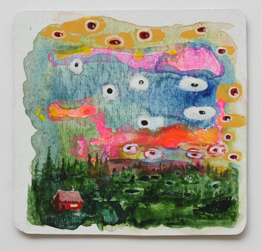 A colorful painting featuring abstract blobs and a landscape with a small red house.
