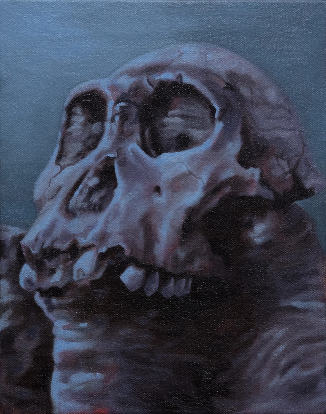 A  painting of a greyish-purple skull  atop a rock.