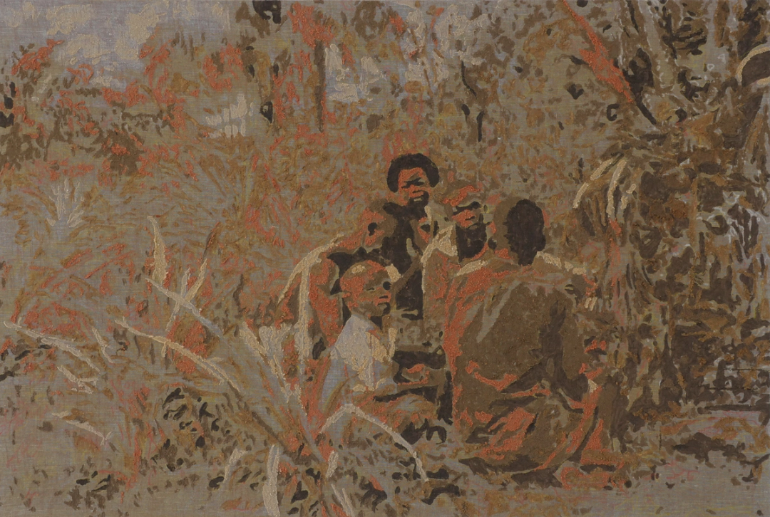 An artwork depicting individuals relaxing in a grassy meadow, created using various sands and soils.