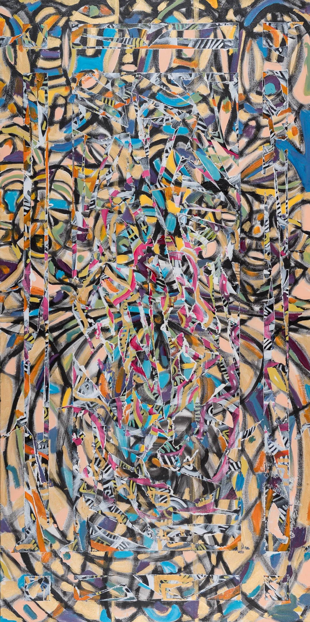 Abstract artwork featuring a complex, colorful array of intertwining lines and shapes on a textured background.