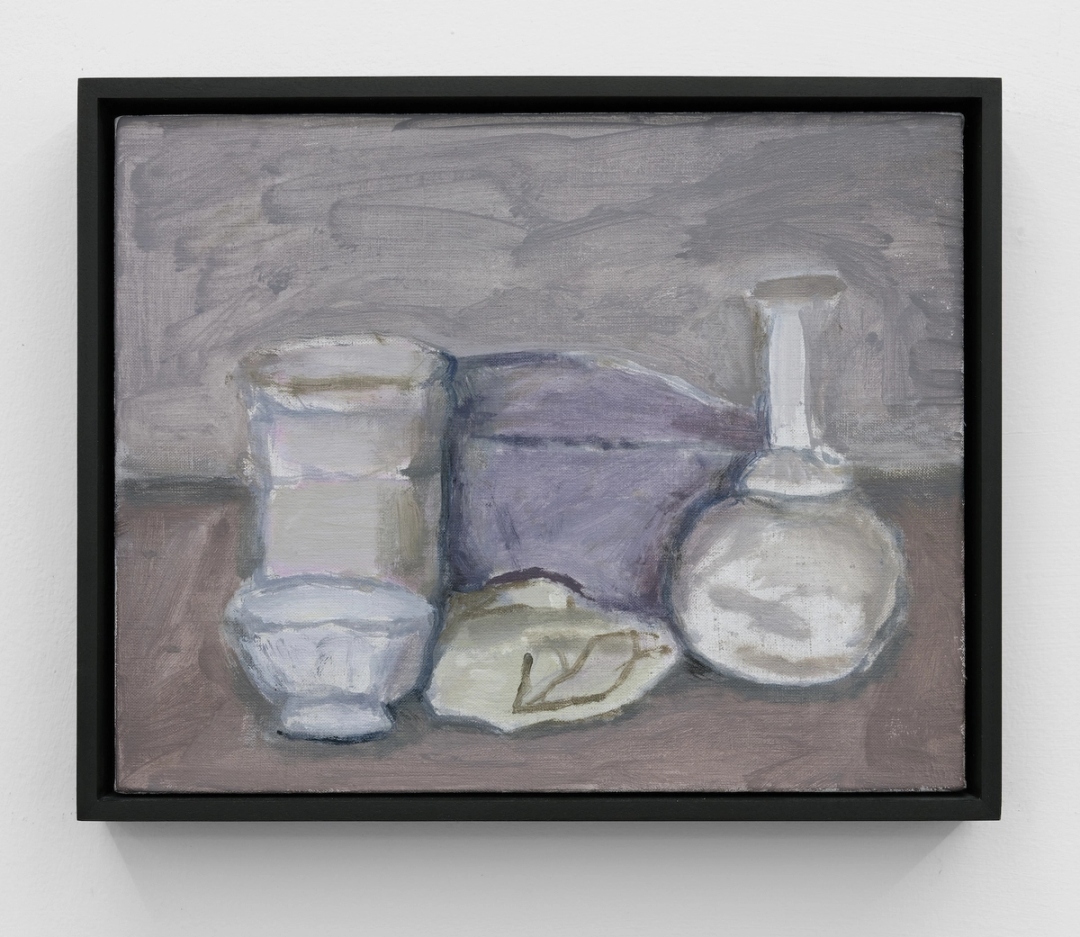 A beige-purple-mauve still life of vases and cups in a style reminiscent of Giorgio Morandi.