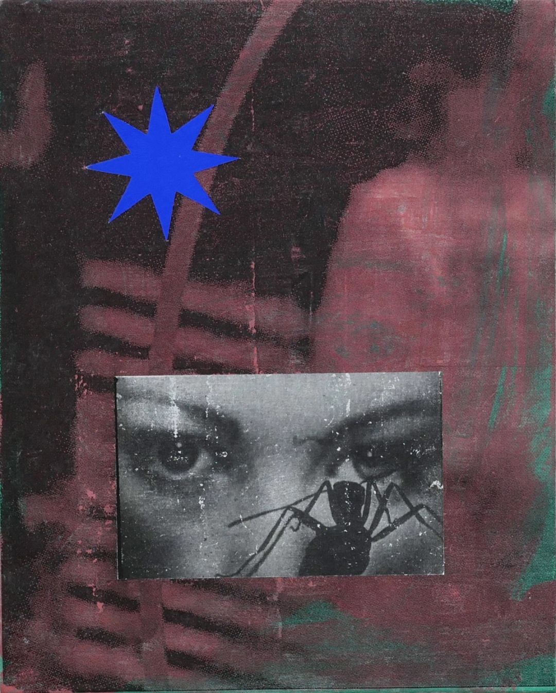 A cropped image a spider overlayed on top of a pair of eyes pasted onto a predominantly reddish purple canvas. A blue star with 8 points is on the top left part of the canvas.