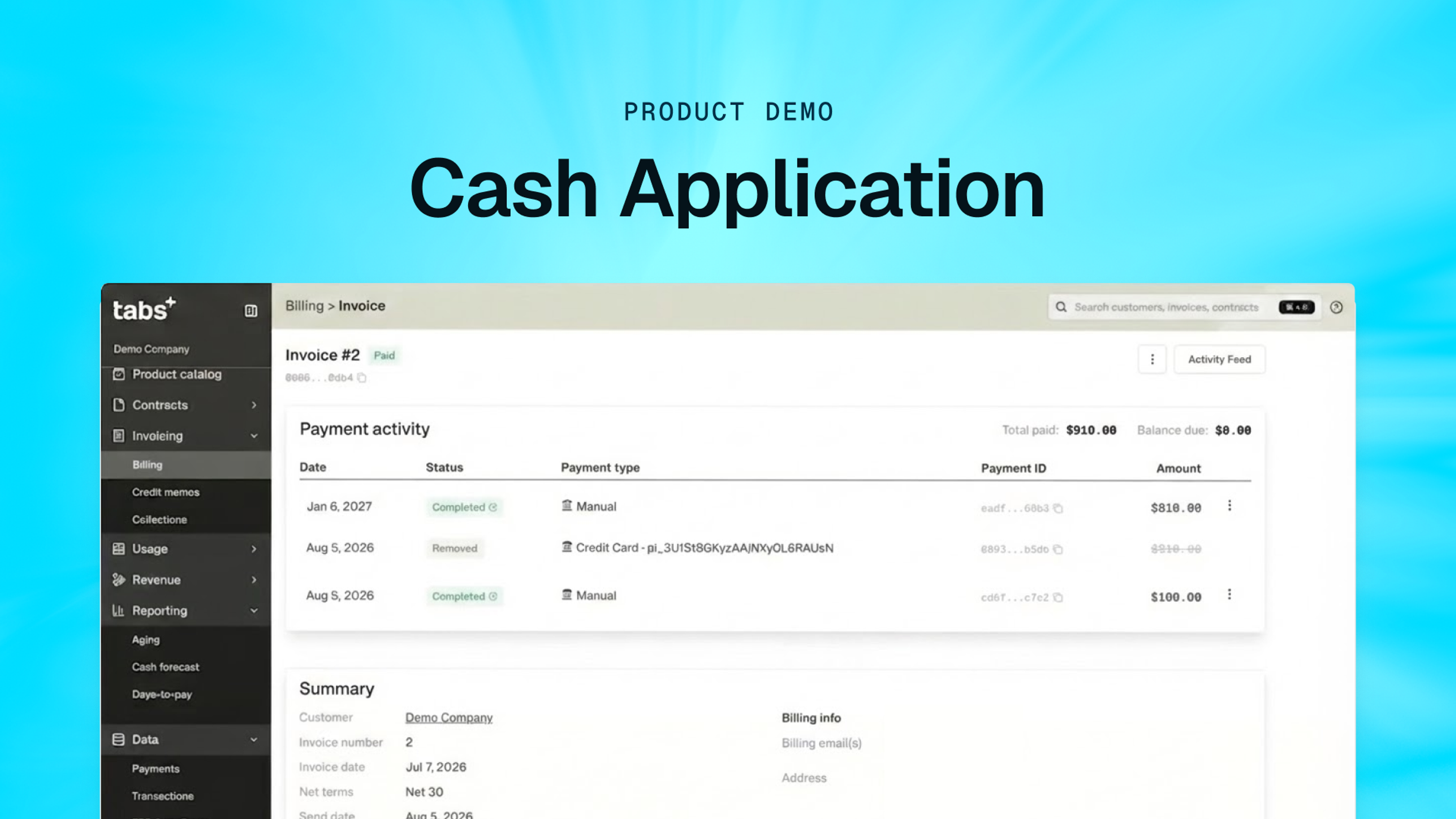 Screenshot of a "Cash Application" product demo