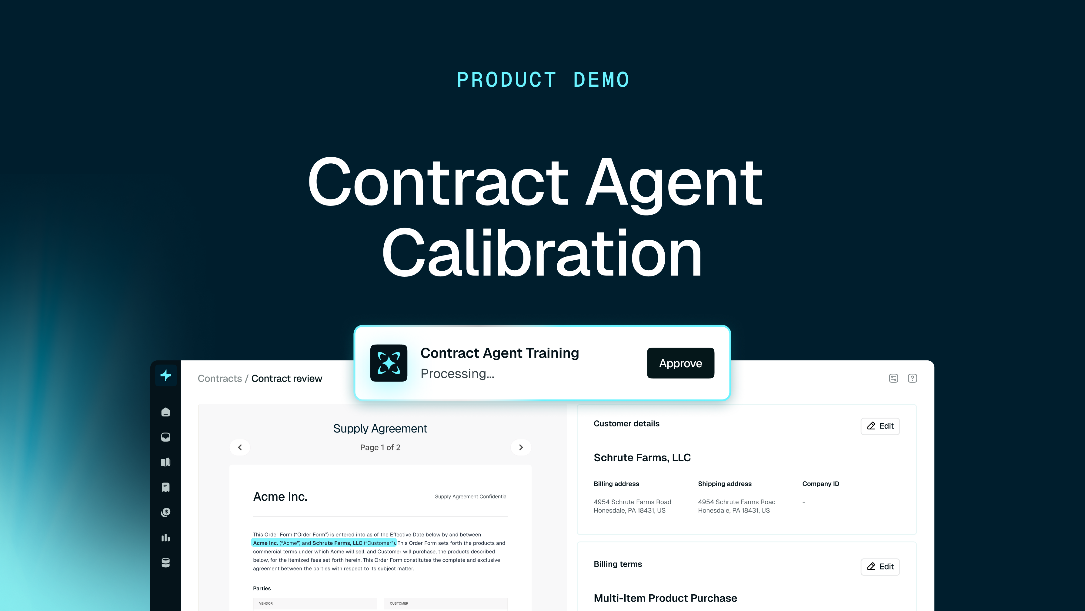 Product demo screen for Contract Agent Calibration, showing a contract review interface with a pop-up for 'Contract Agent Training Processing' and an 'Approve' button.