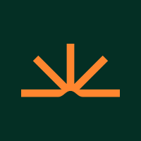Abstract orange logo resembling an open book with three radiating lines, on a dark green background.