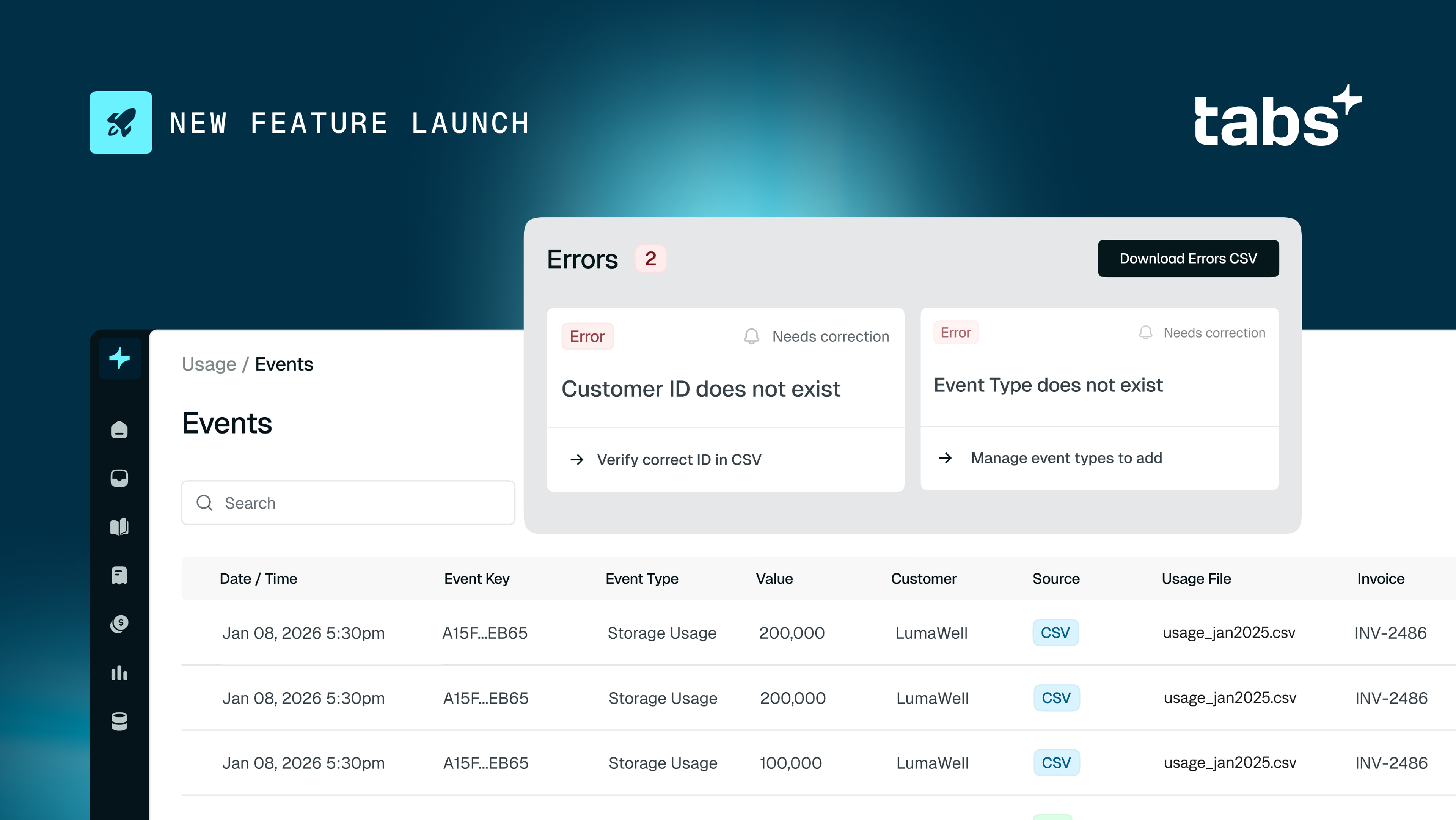 A Tabs software interface displays an "Errors" modal with warnings for "Customer ID does not exist" and "Event Type does not exist" over an "Events" log.