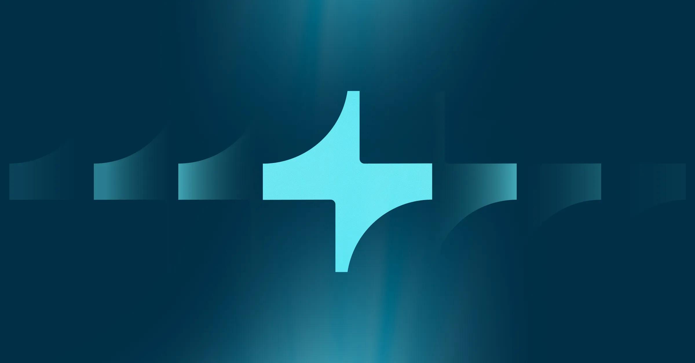 A bright blue, rounded plus sign on a dark teal background, flanked by receding, darker teal abstract shapes.