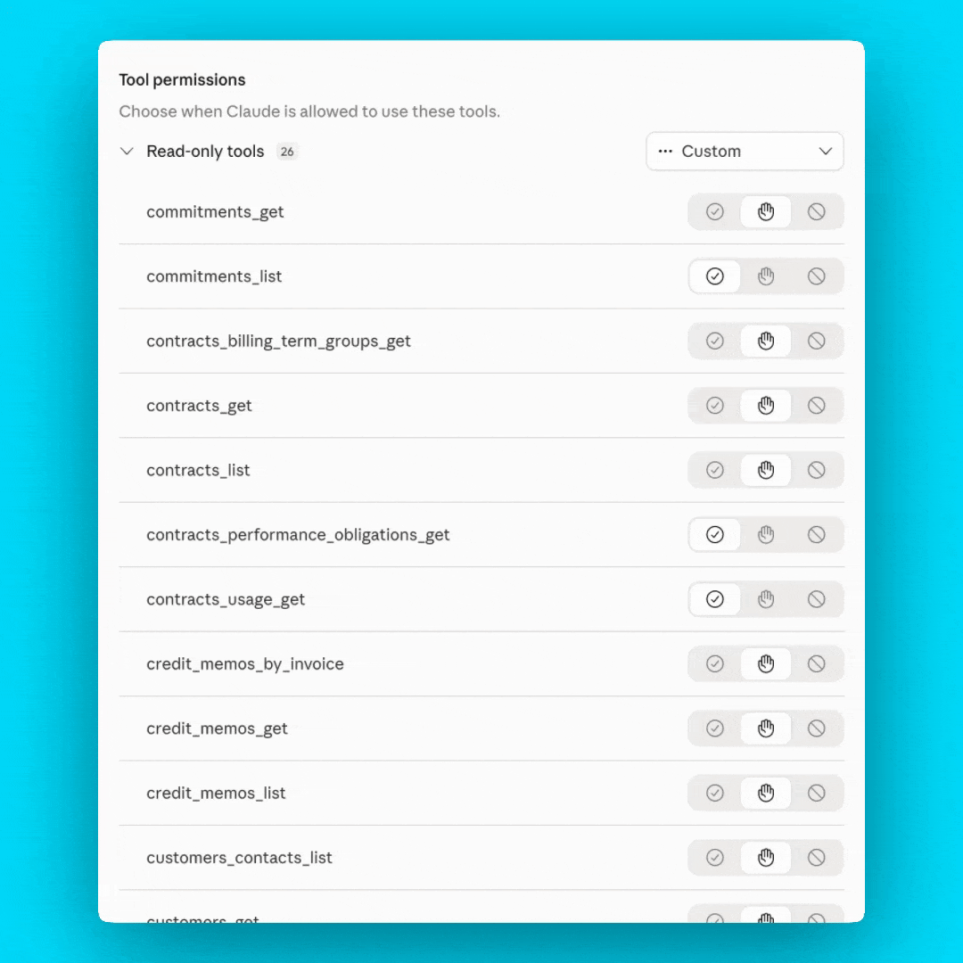 A "Tool permissions" interface displays a list of read-only tools like "commitments_get", each with toggle buttons to allow, ask, or deny access for Claude.