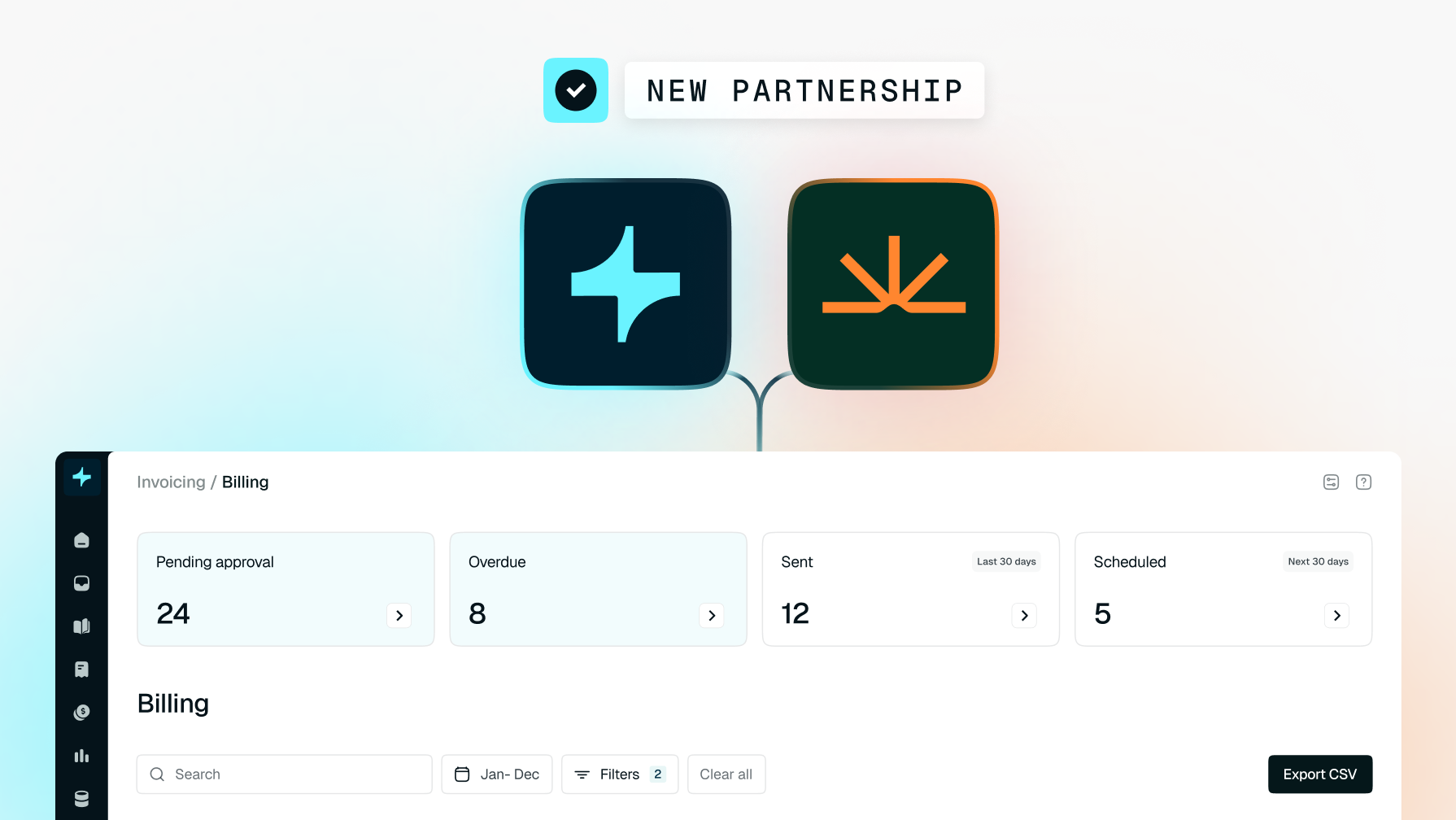 A software interface displaying a 'New Partnership' between two abstract app logos, above a billing dashboard showing metrics like pending approvals, overdue invoices, sent, and scheduled items.