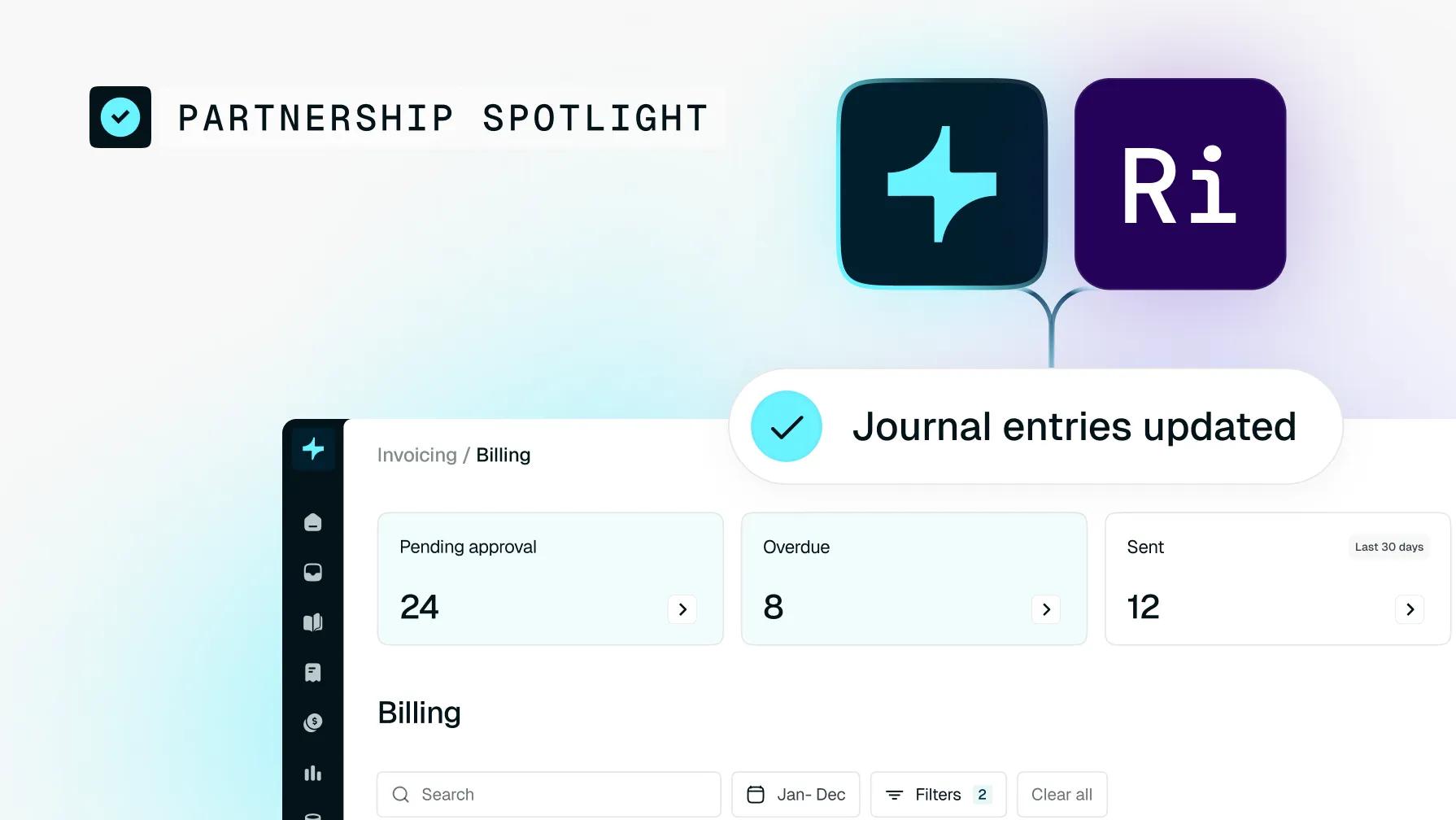 Partnership Spotlight with two app icons (a blue cross symbol and 'Ri') and a 'Journal entries updated' notification, shown over an invoicing dashboard.