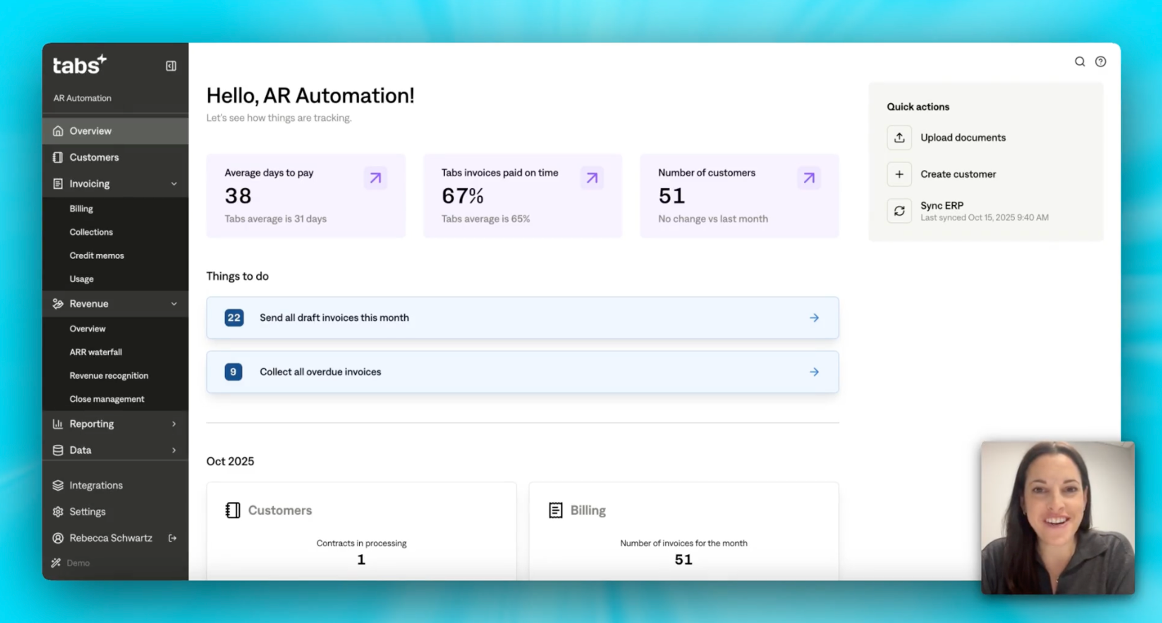 An AR automation dashboard displaying financial metrics, tasks, and quick actions, with a smiling woman in a video call overlay.