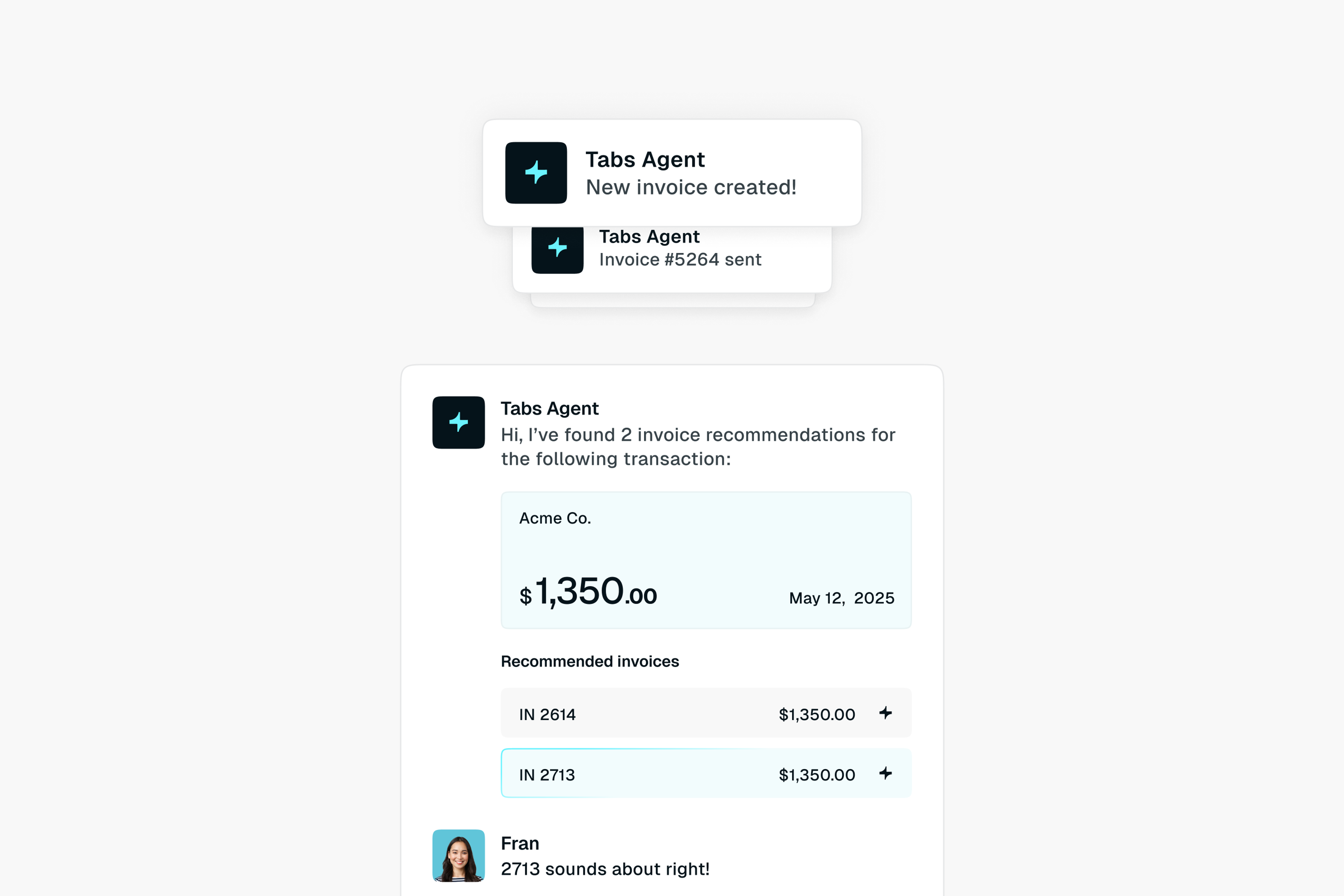 Tabs Agent app showing invoice creation, sending, and AI recommendations for invoice matching.d col