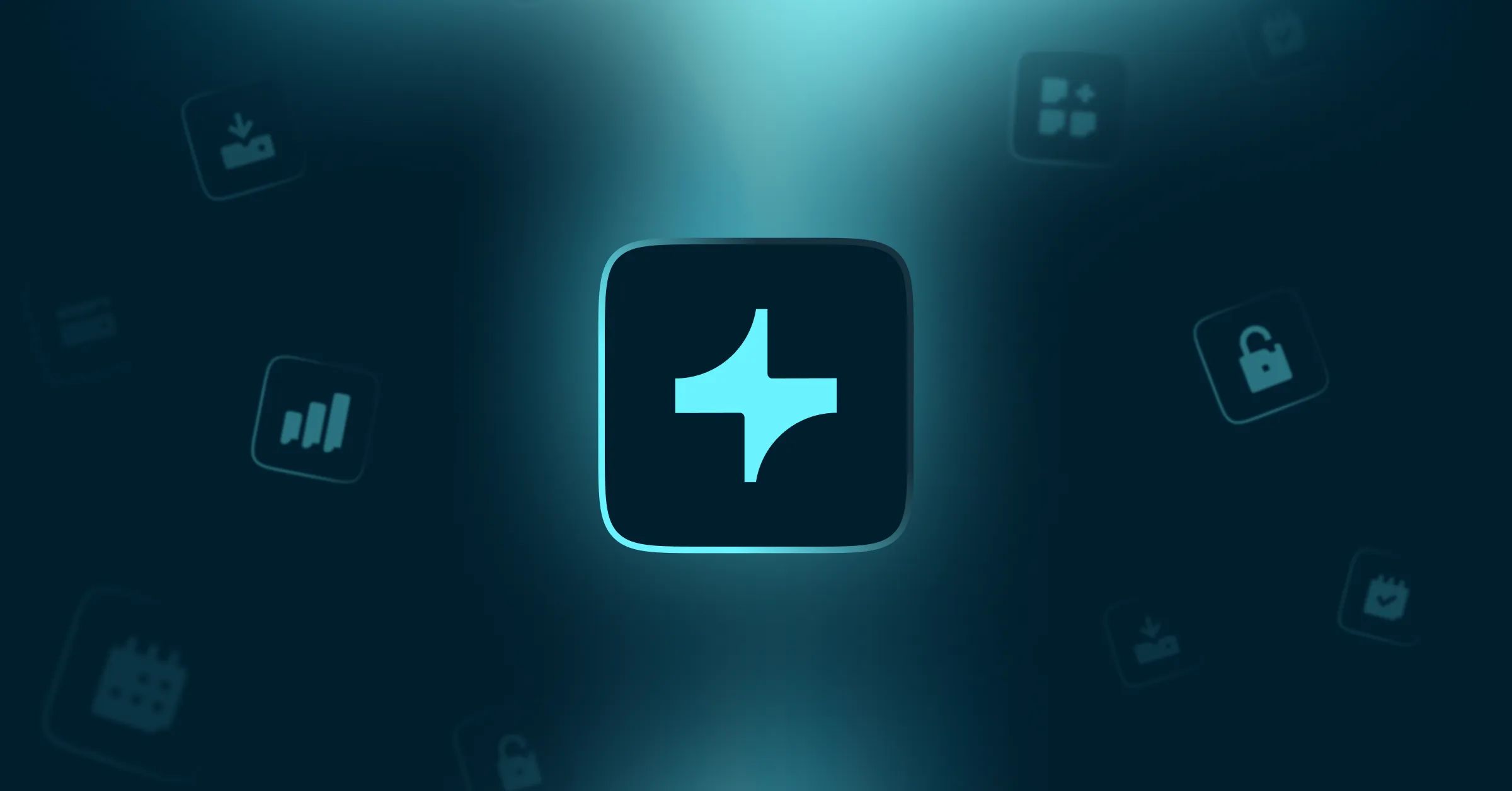 A vibrant teal, stylized plus sign icon glows centrally on a dark blue background, surrounded by blurry, scattered outline icons.