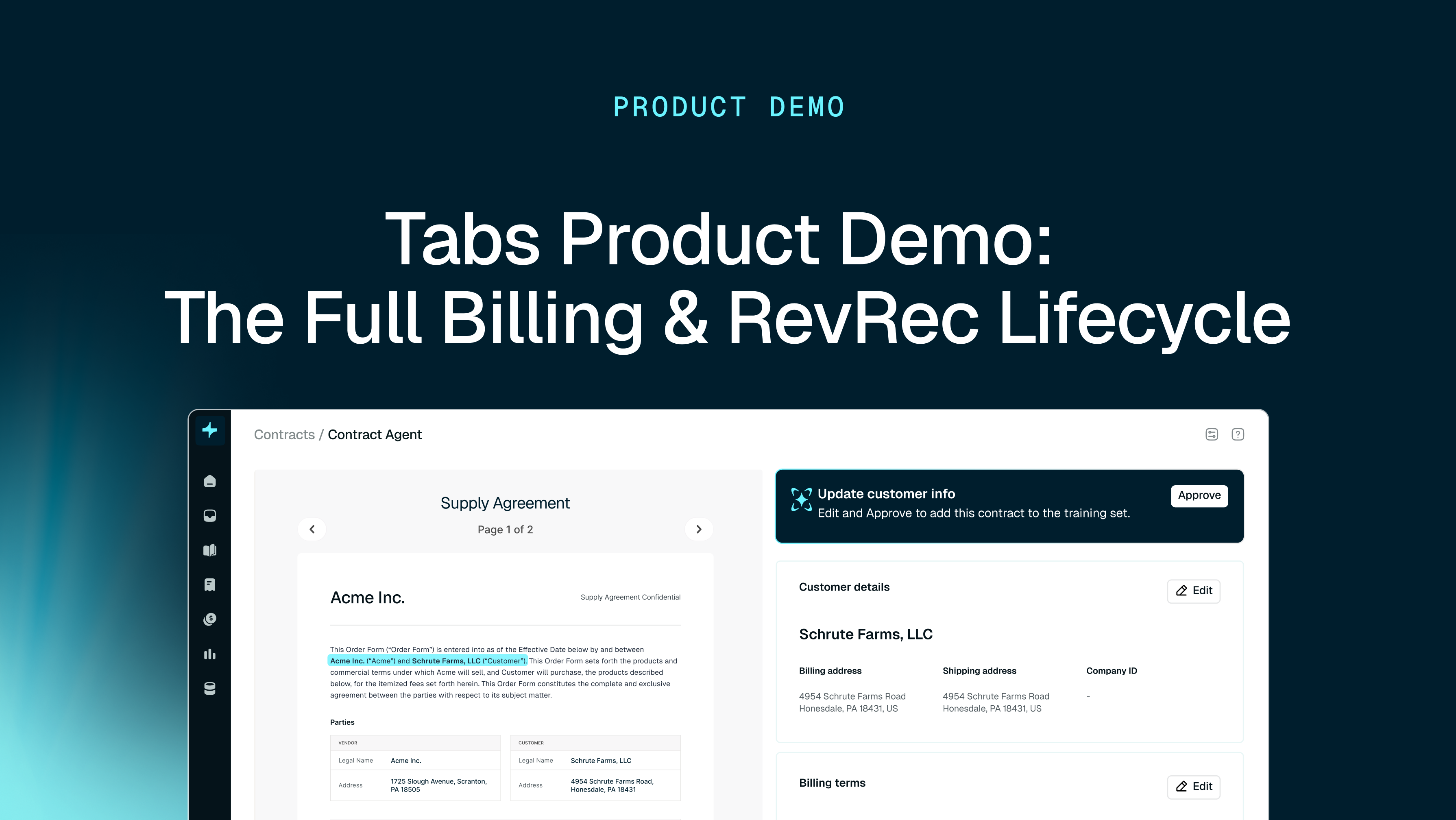 Screenshot of a software product demo titled "Tabs Product Demo: The Full Billing & RevRec Lifecycle," showing an interface with a supply agreement and customer details.