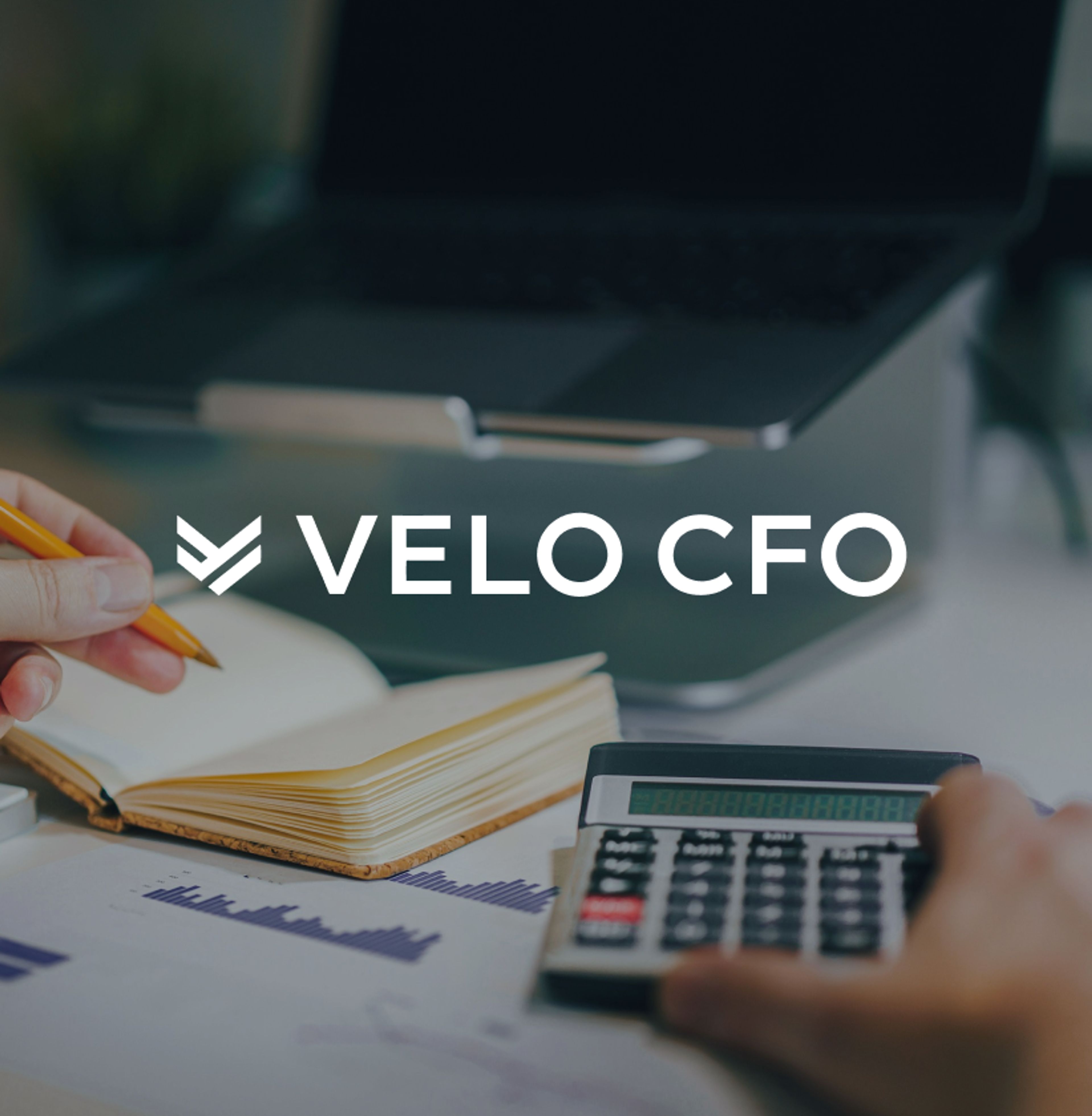 VELO CFO logo over a person working with a calculator, notebook, and laptop.