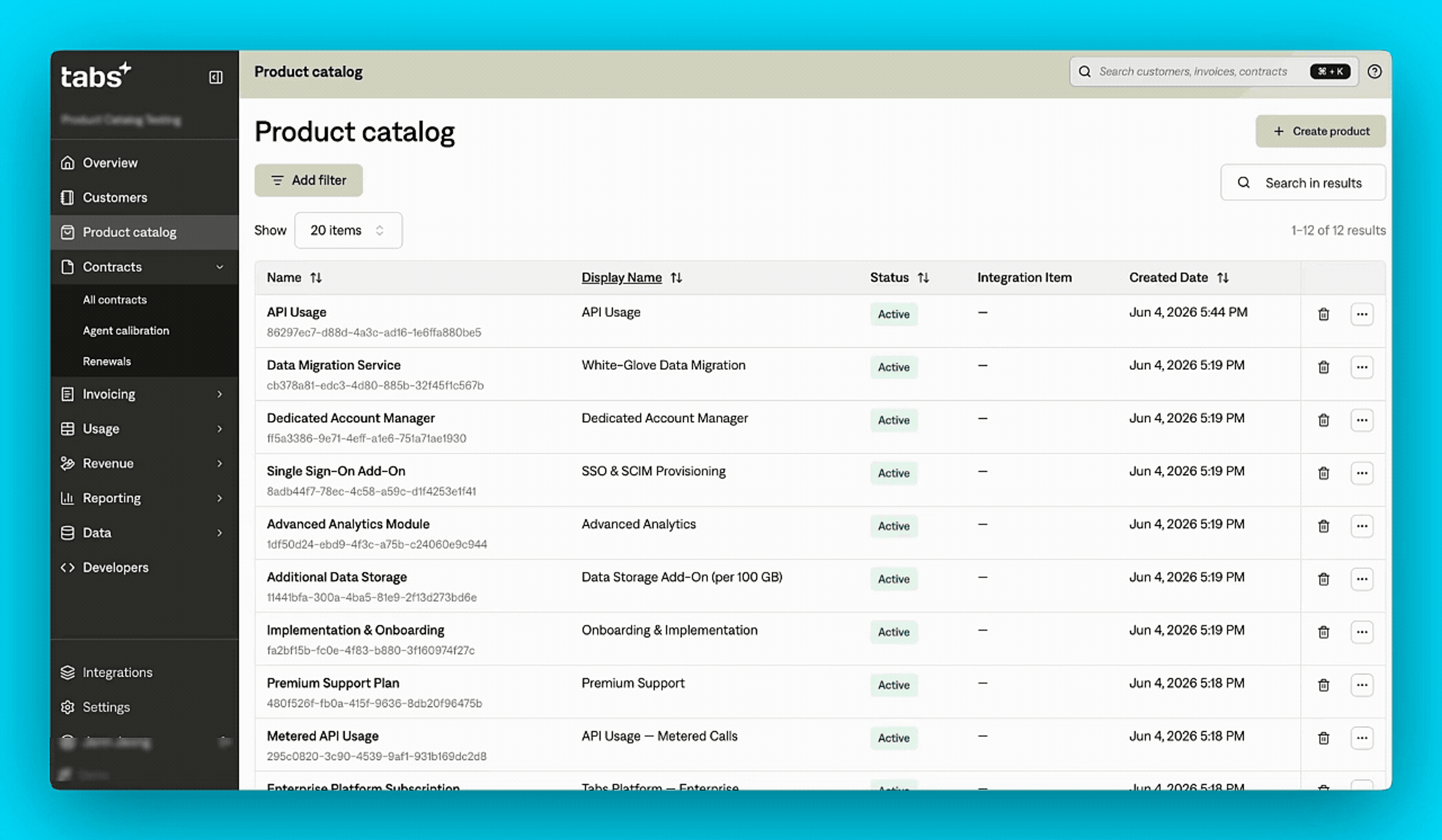 Tabs+ Product catalog page, displaying a list of active products and services.