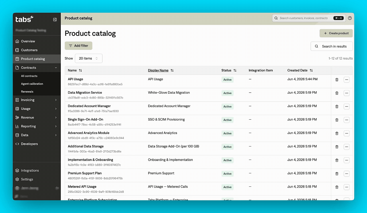 Tabs+ Product catalog page, displaying a list of active products and services.
