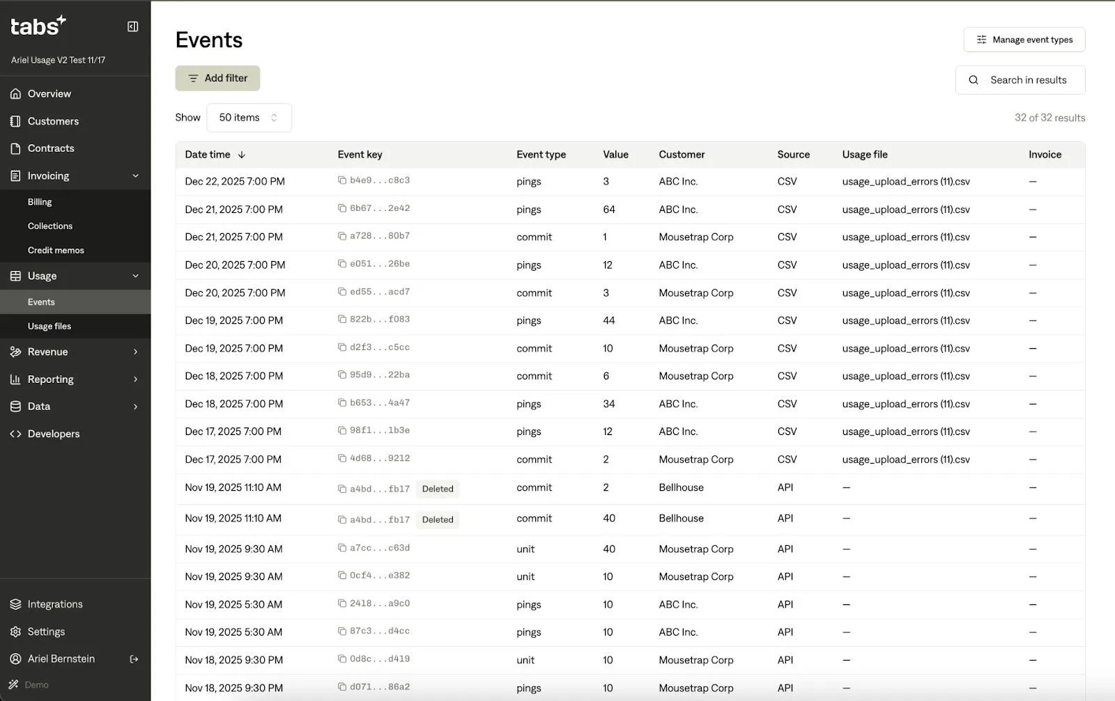 Tabs+ application's "Events" page, showing a table of usage events with columns for date, event key, type, value, customer, and source. "Usage > Events" is selected in the sidebar.