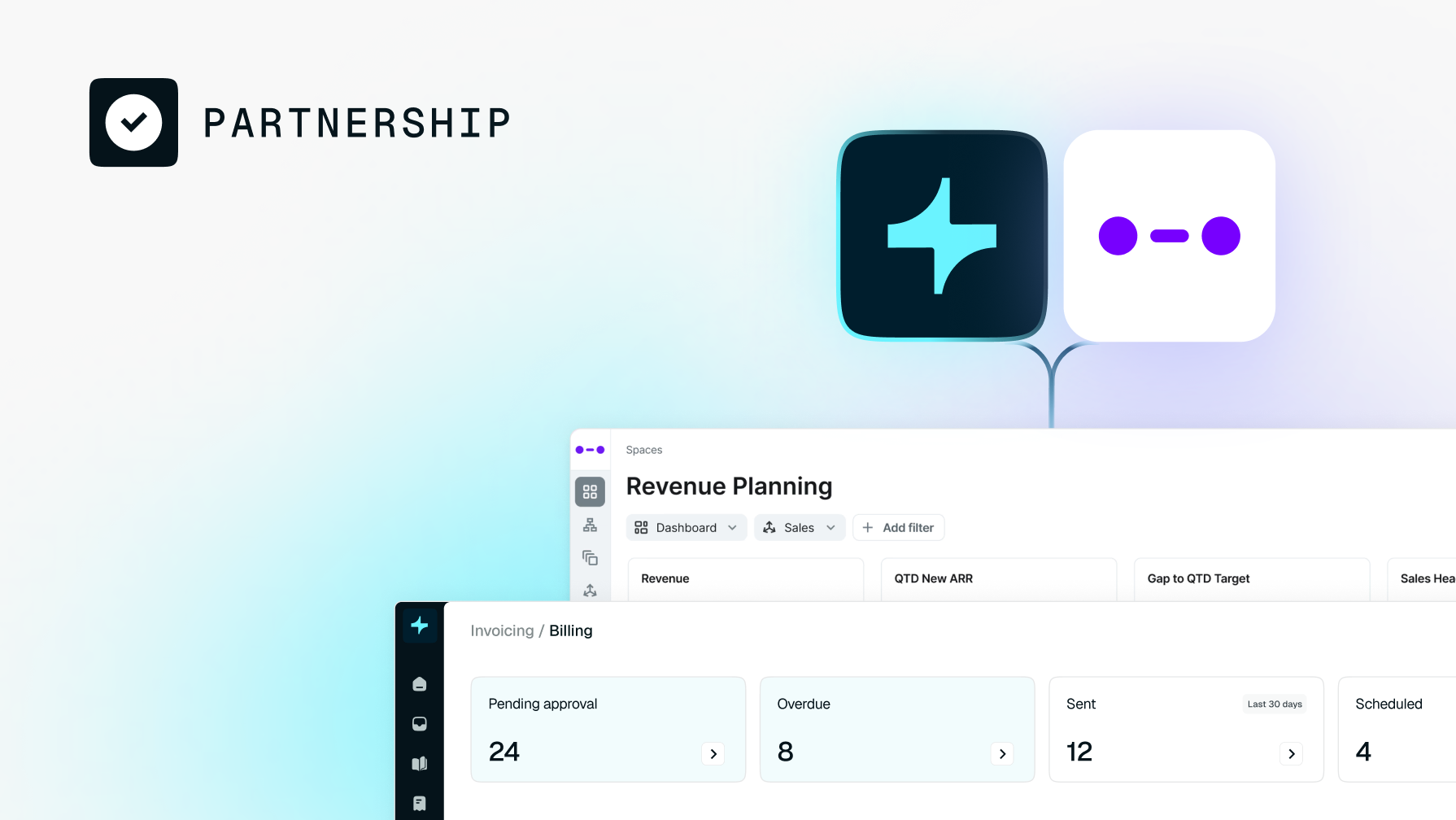 A software interface demonstrating partnership, revenue planning, and invoicing features with stylized logos.